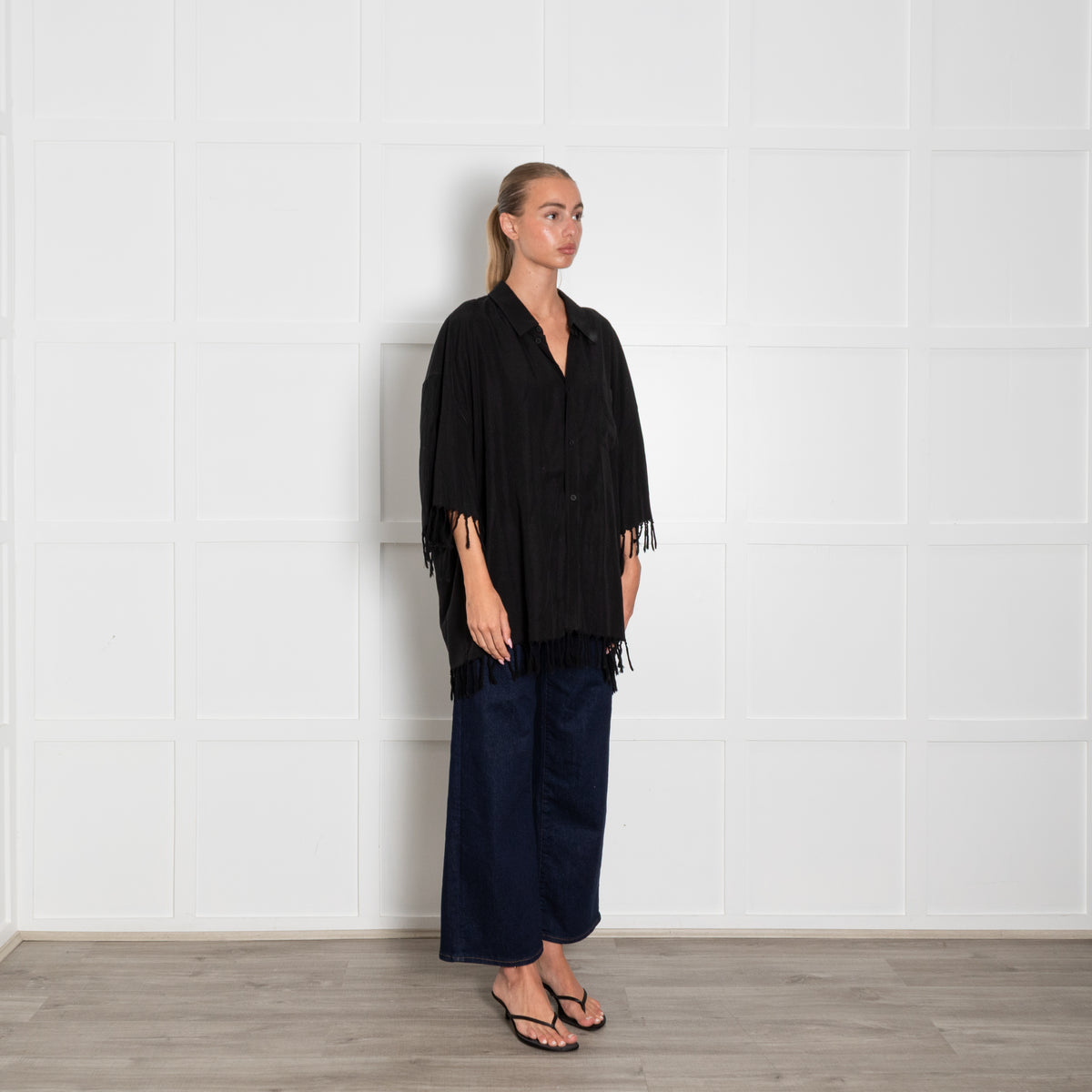 Balenciaga Black Oversized Short Sleeve Shirt With Fringe