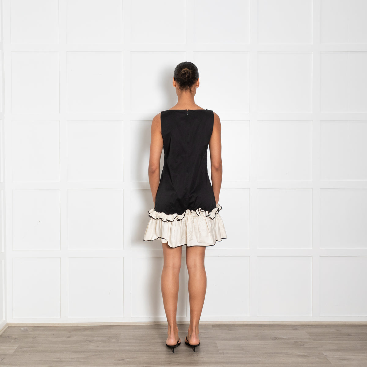 Huishan Zhang Black Cream Cotton Ruffle Hem Sleeveless Dress