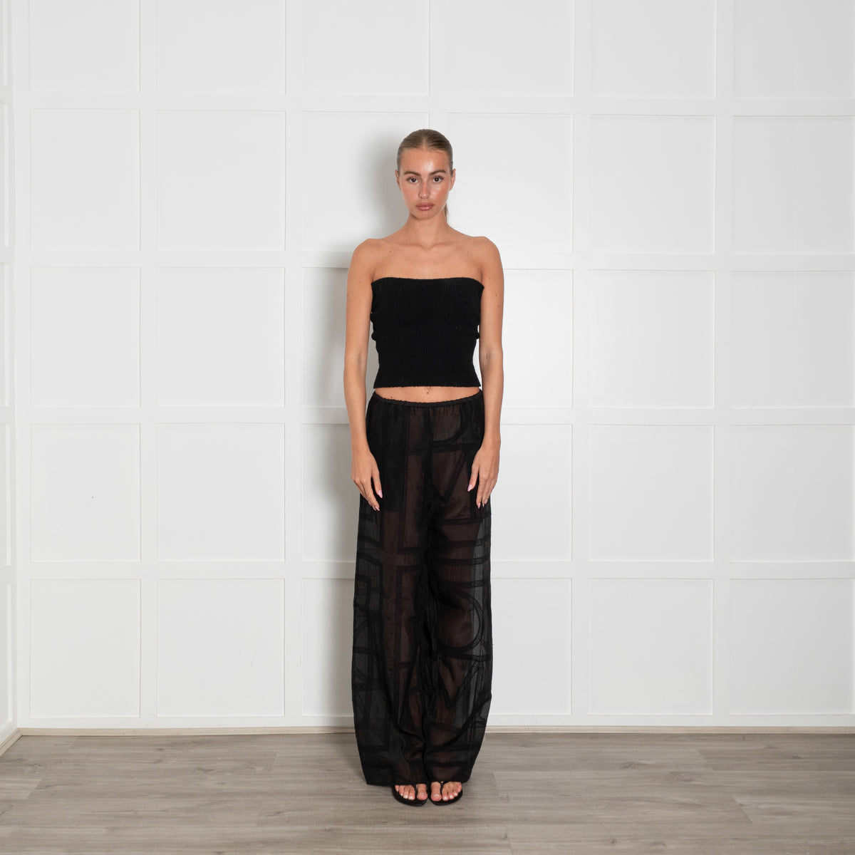 Toteme Black Monogram Crochet Cotton & Silk Mix Trousers