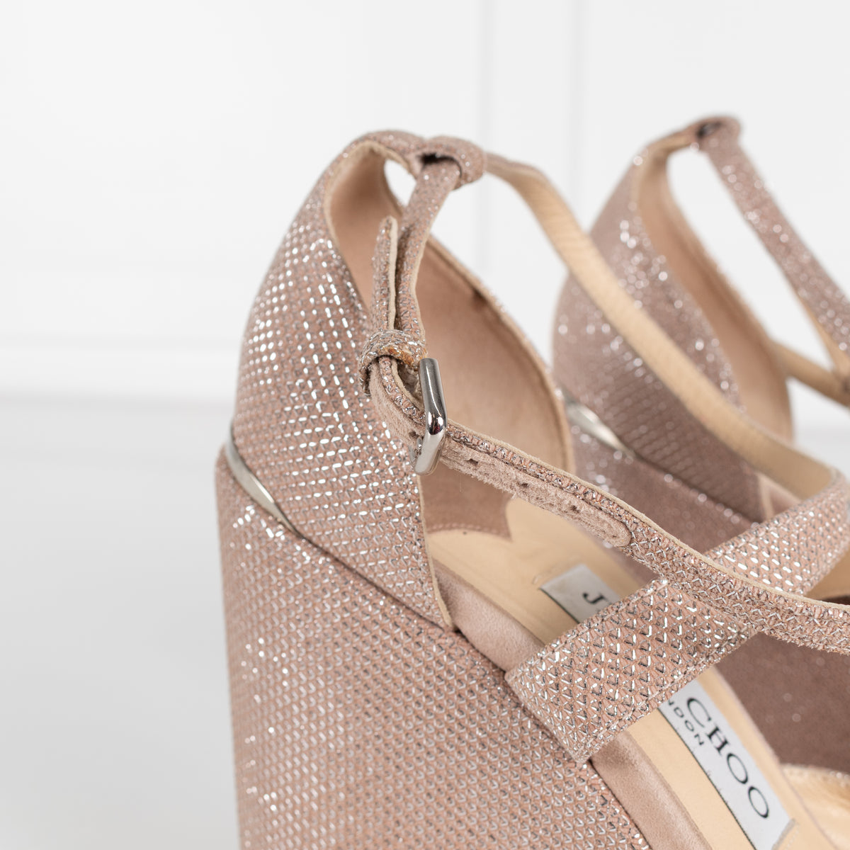 Jimmy Choo Pale Pink Silver Lurex Wedges