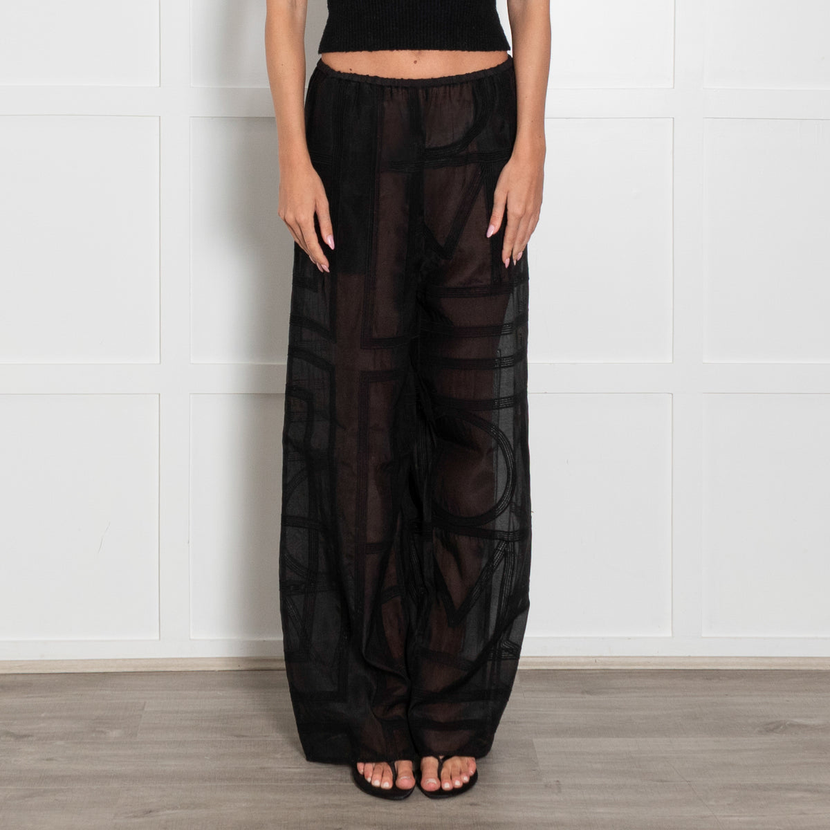 Toteme Black Monogram Crochet Cotton & Silk Mix Trousers