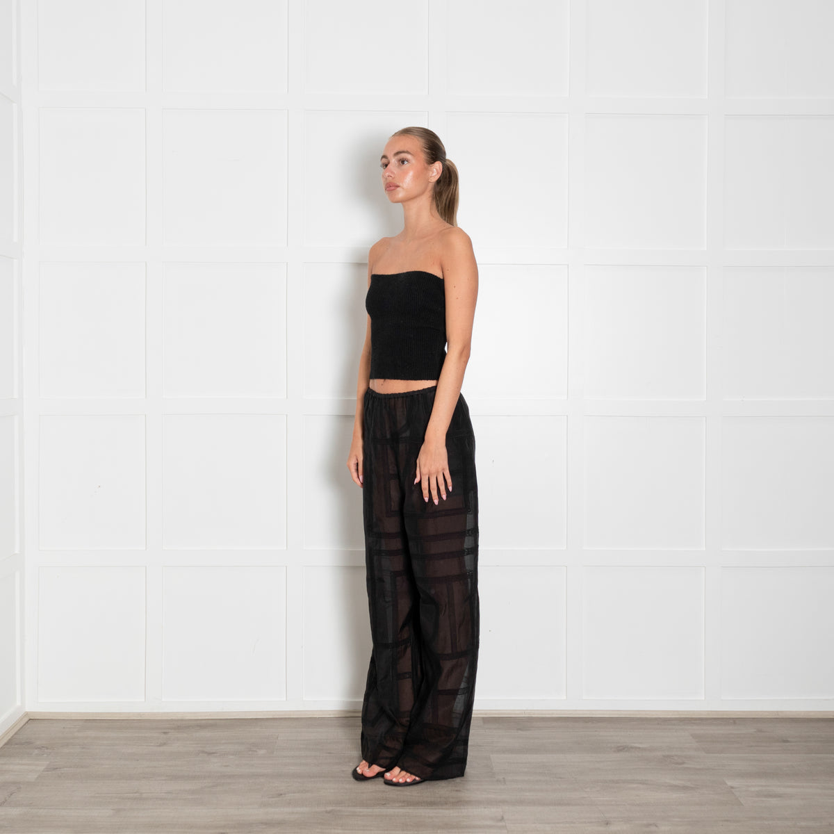Toteme Black Monogram Crochet Cotton & Silk Mix Trousers