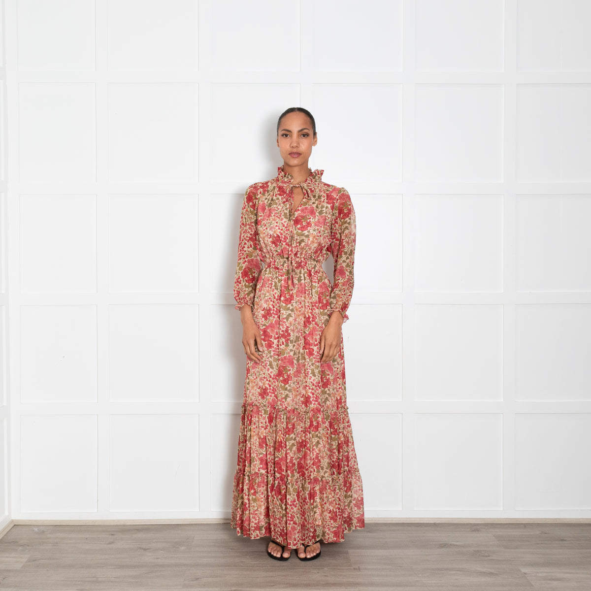 Ridley Beige Red Floral Long Sleeve Maxi Dress