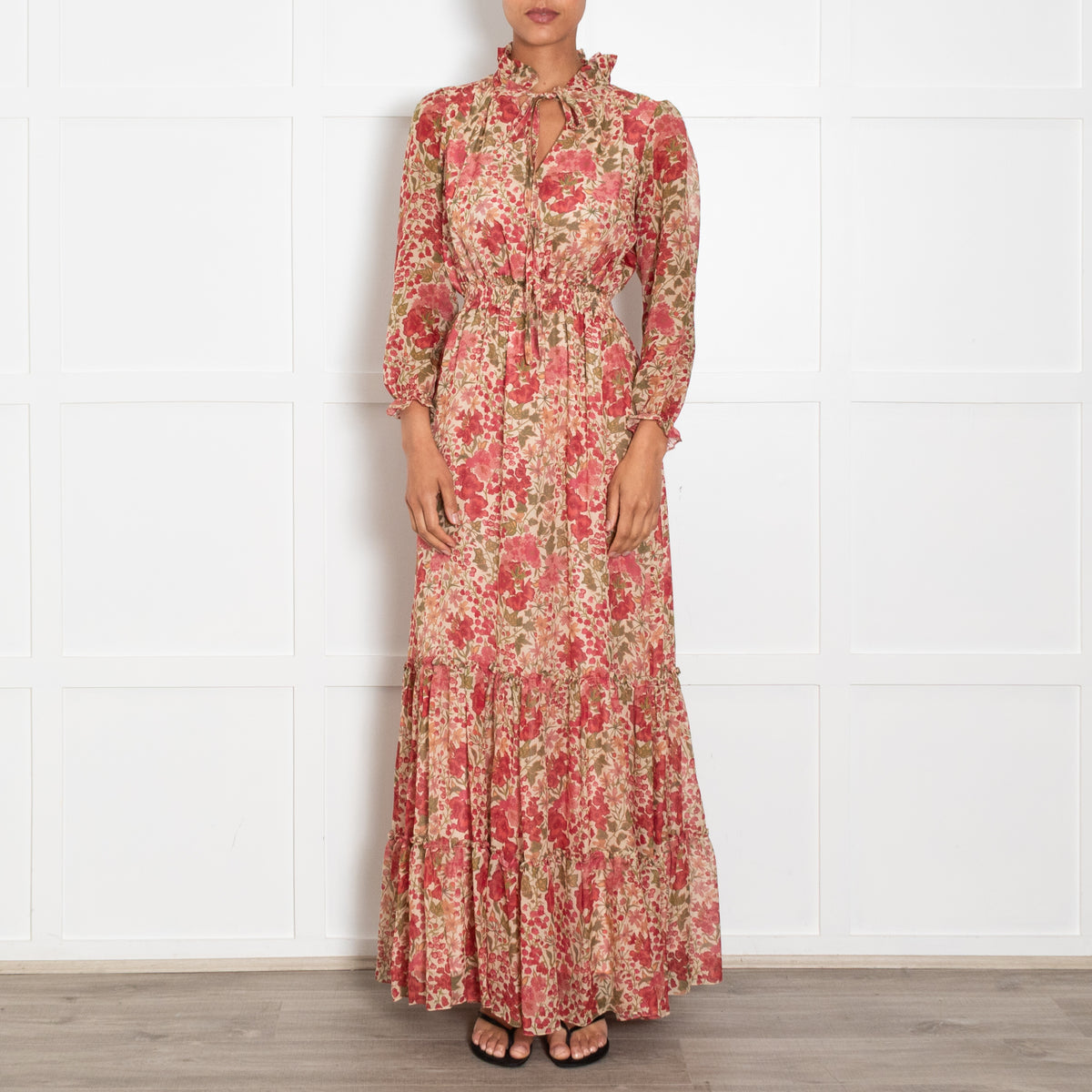 Ridley Beige Red Floral Long Sleeve Maxi Dress