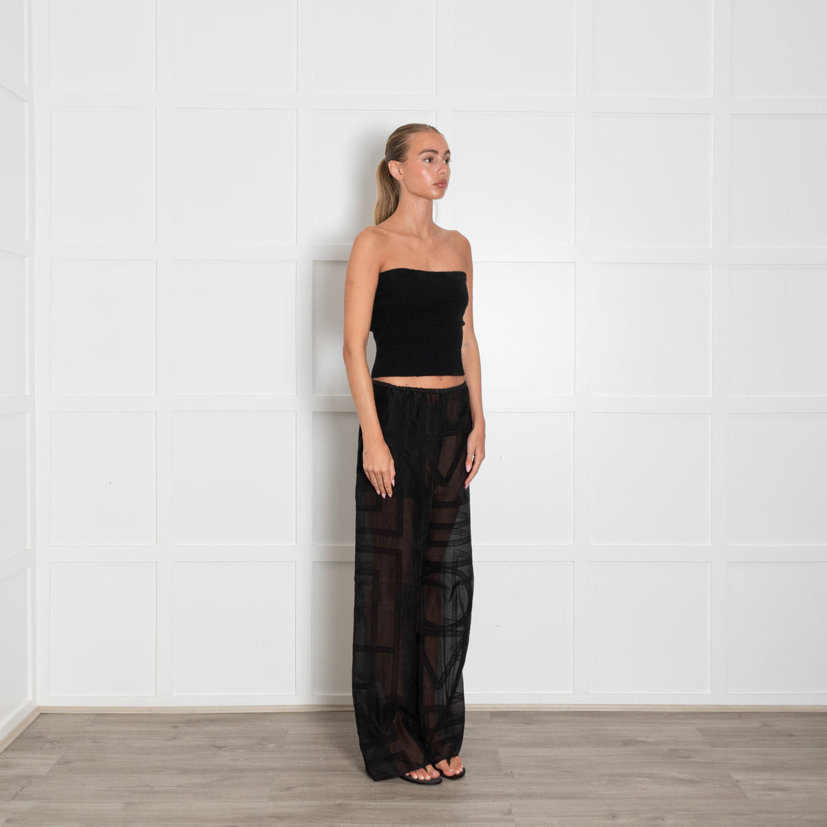Toteme Black Monogram Crochet Cotton & Silk Mix Trousers