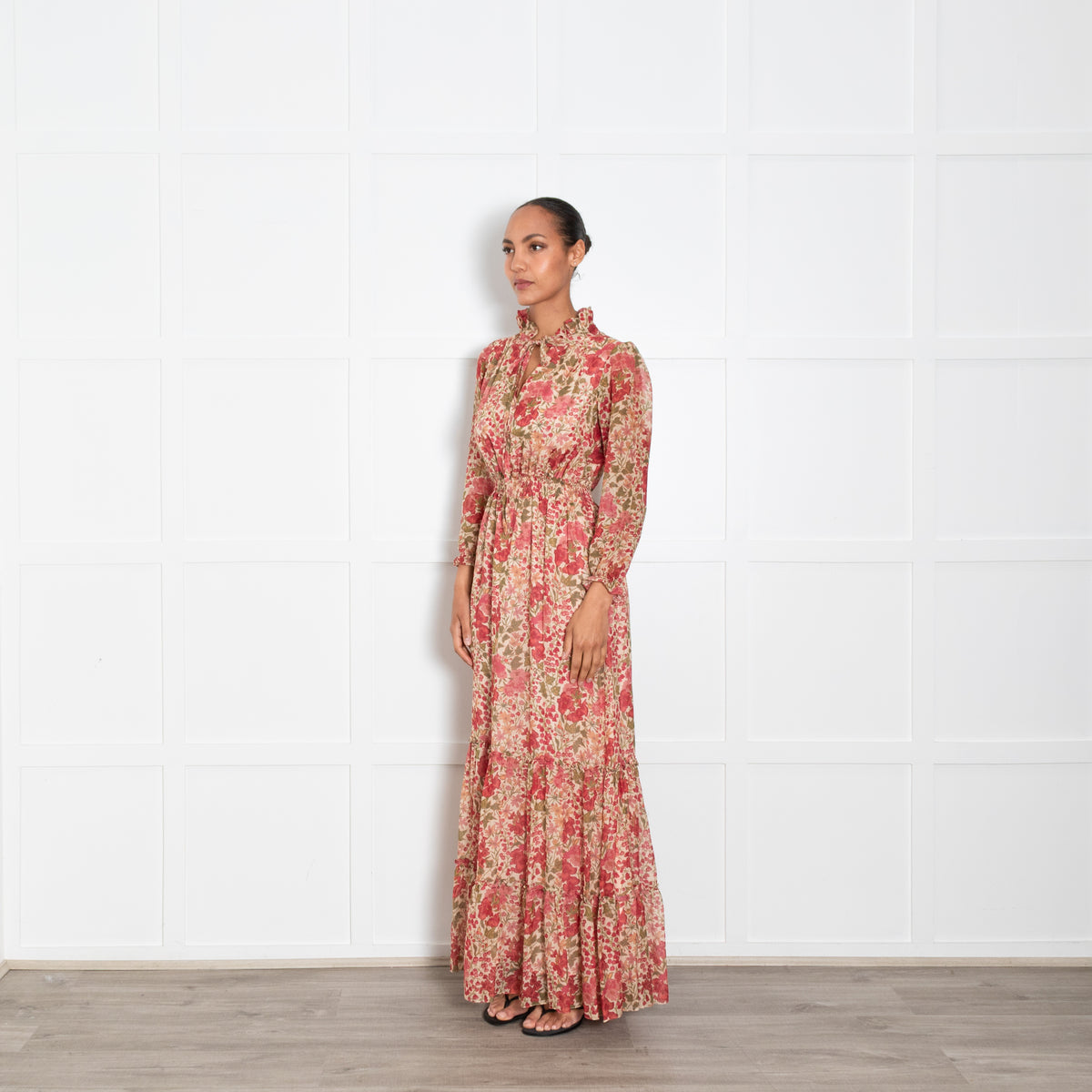 Ridley Beige Red Floral Long Sleeve Maxi Dress