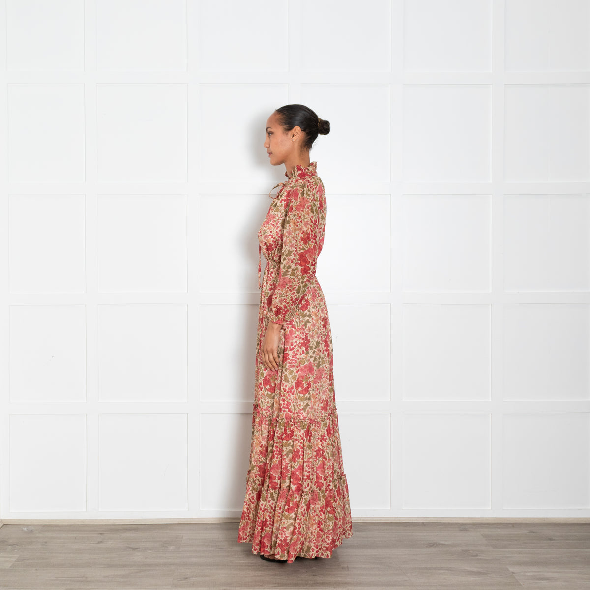 Ridley Beige Red Floral Long Sleeve Maxi Dress