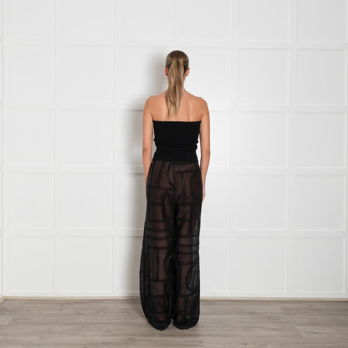 Toteme Black Monogram Crochet Cotton & Silk Mix Trousers