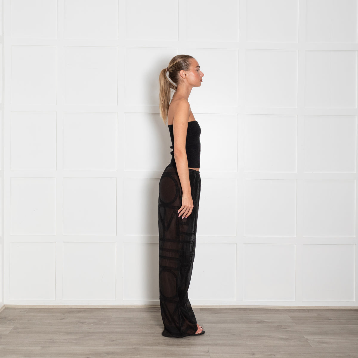Toteme Black Monogram Crochet Cotton & Silk Mix Trousers