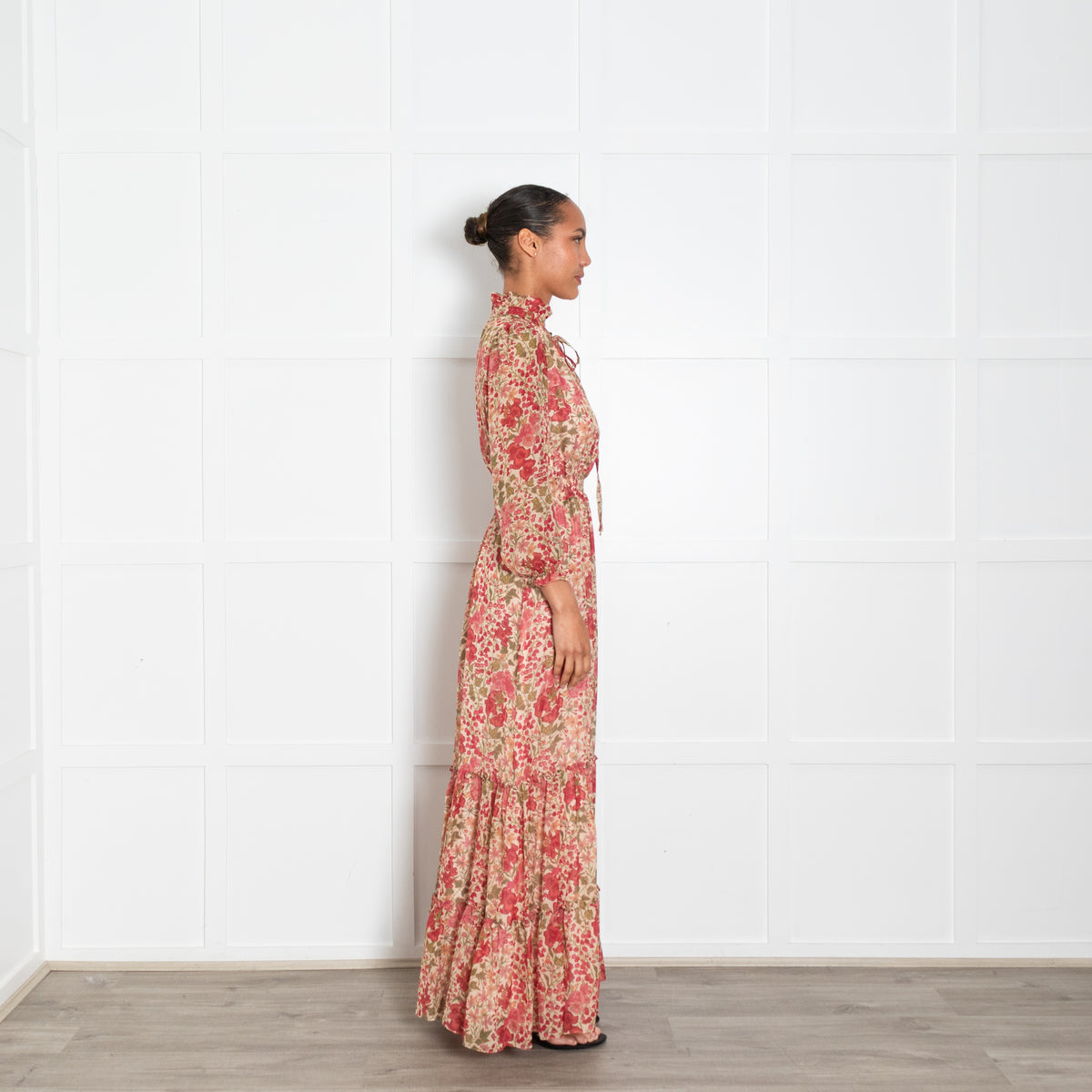 Ridley Beige Red Floral Long Sleeve Maxi Dress