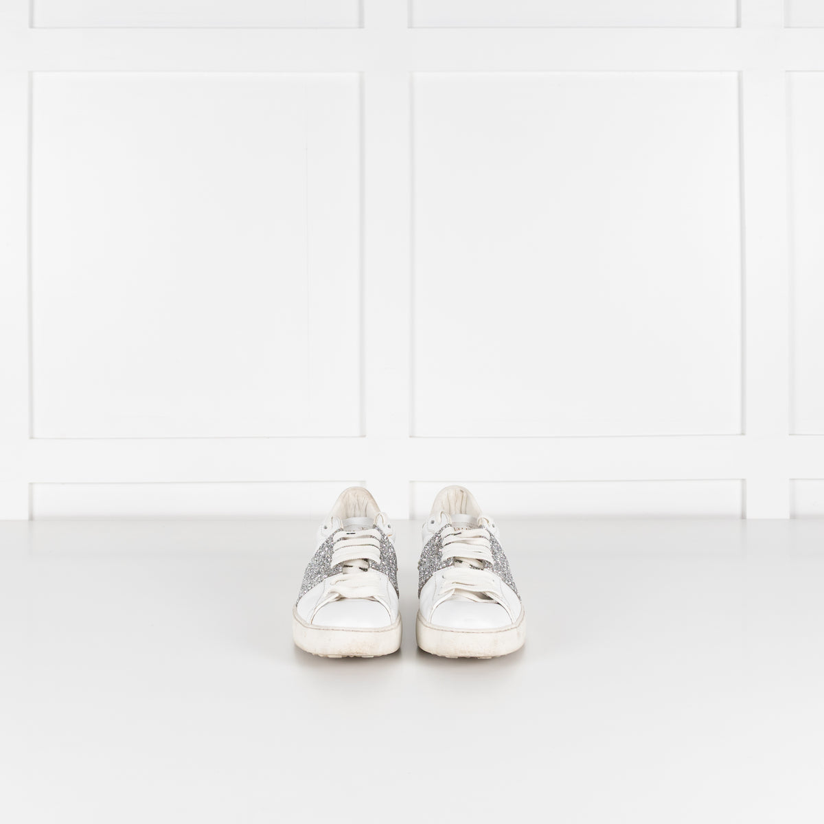 Valentino Garavani White Leather Silver Glitter Trainers