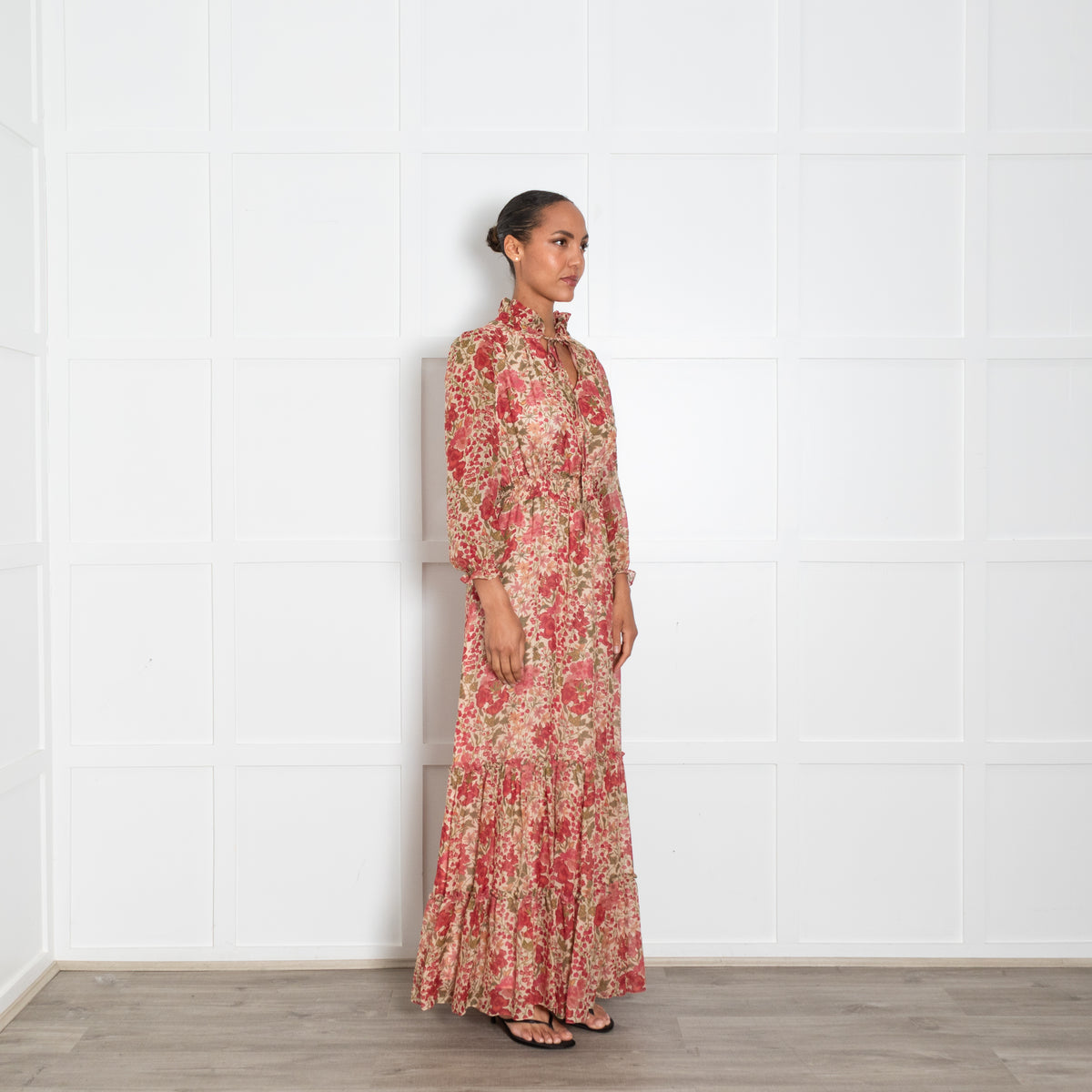 Ridley Beige Red Floral Long Sleeve Maxi Dress