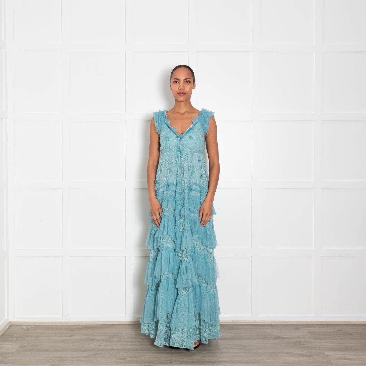 Love Shack Fancy Pale Blue Lace Ruffled Maxi Dress