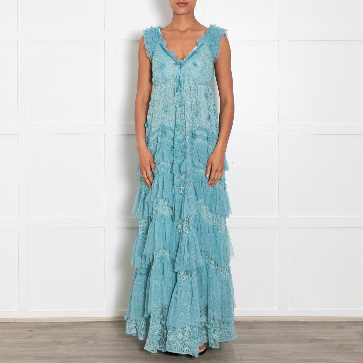Love Shack Fancy Pale Blue Lace Ruffled Maxi Dress