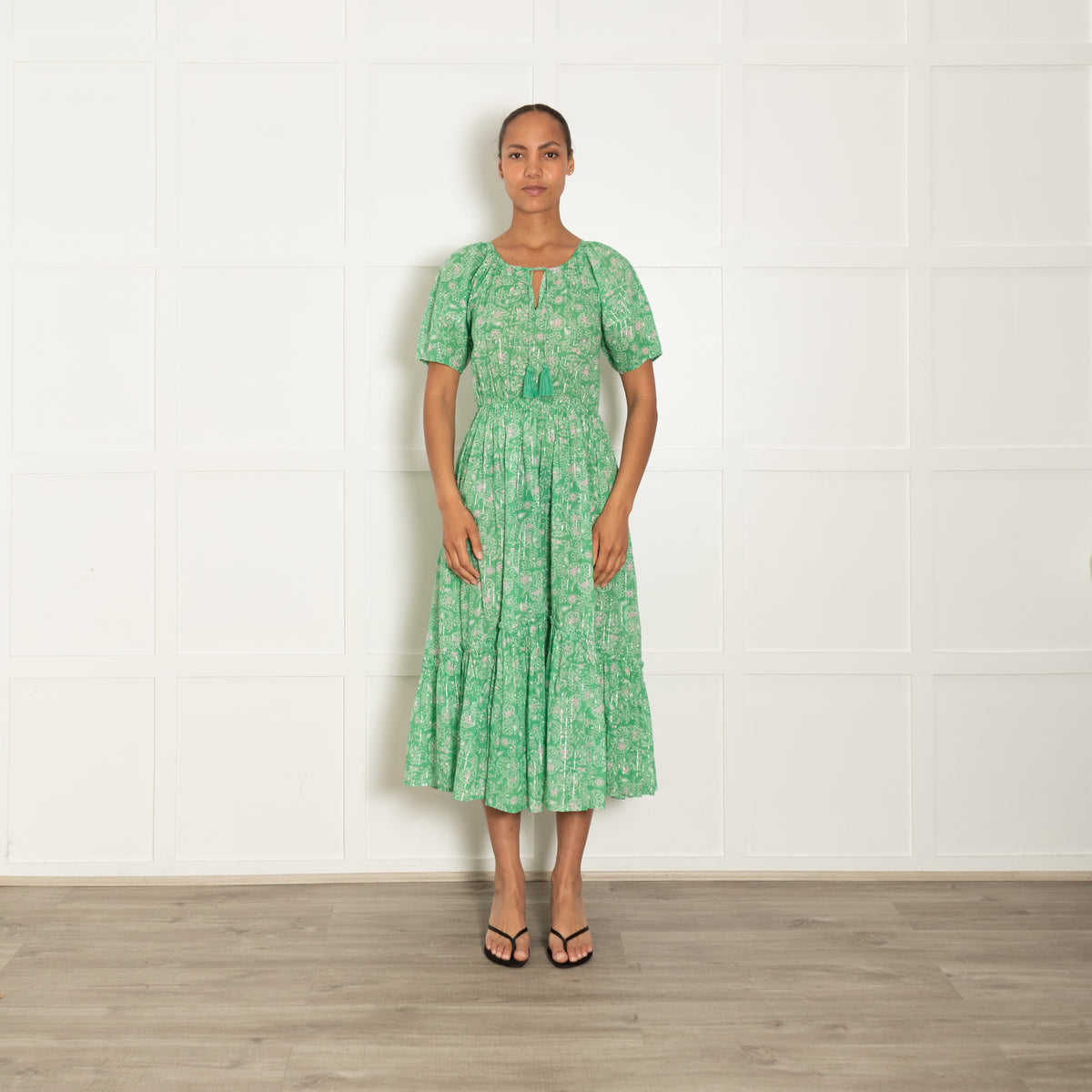 By Iris Green With Gold Stripe Tiered Short Sleeve Midi Dress