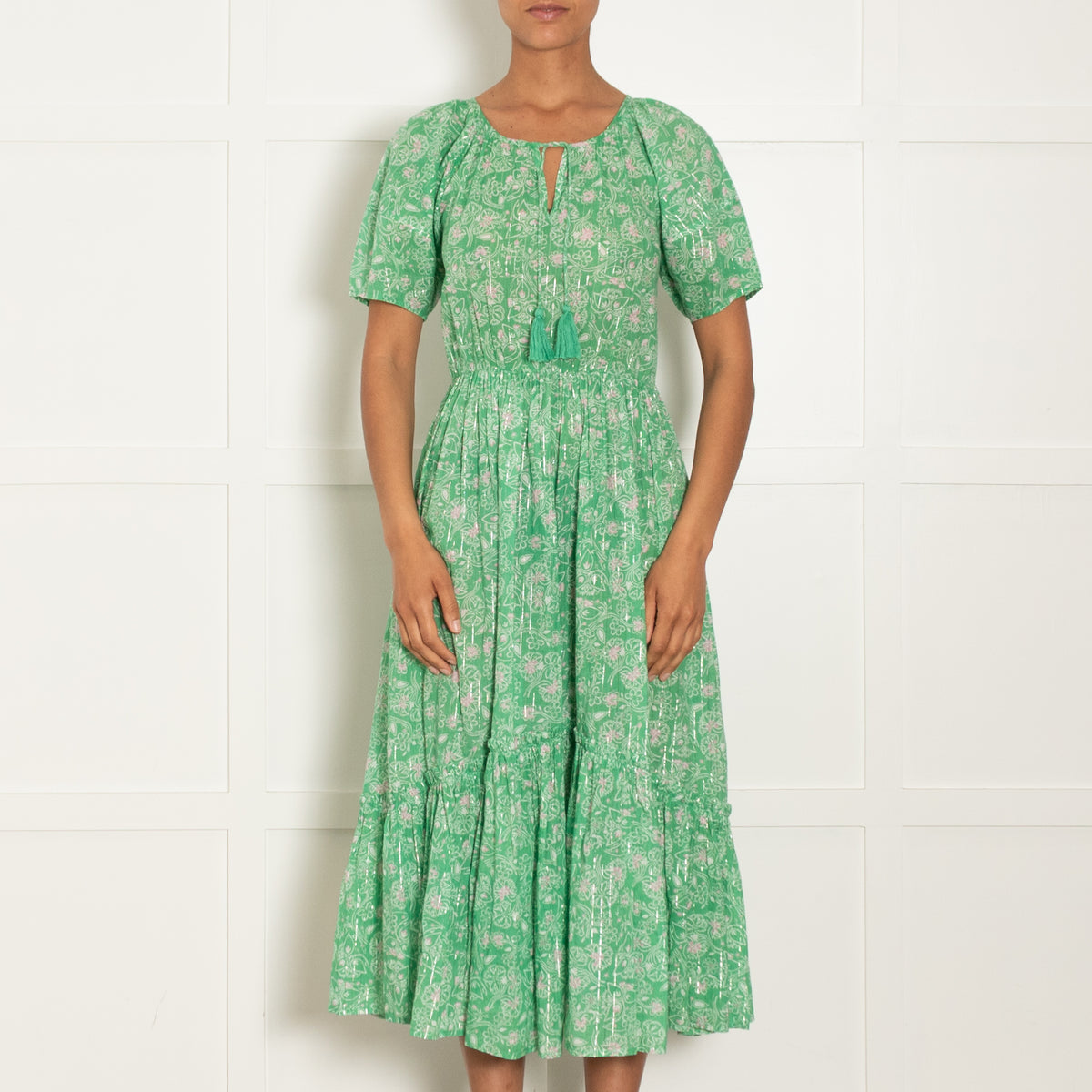 By Iris Green With Gold Stripe Tiered Short Sleeve Midi Dress