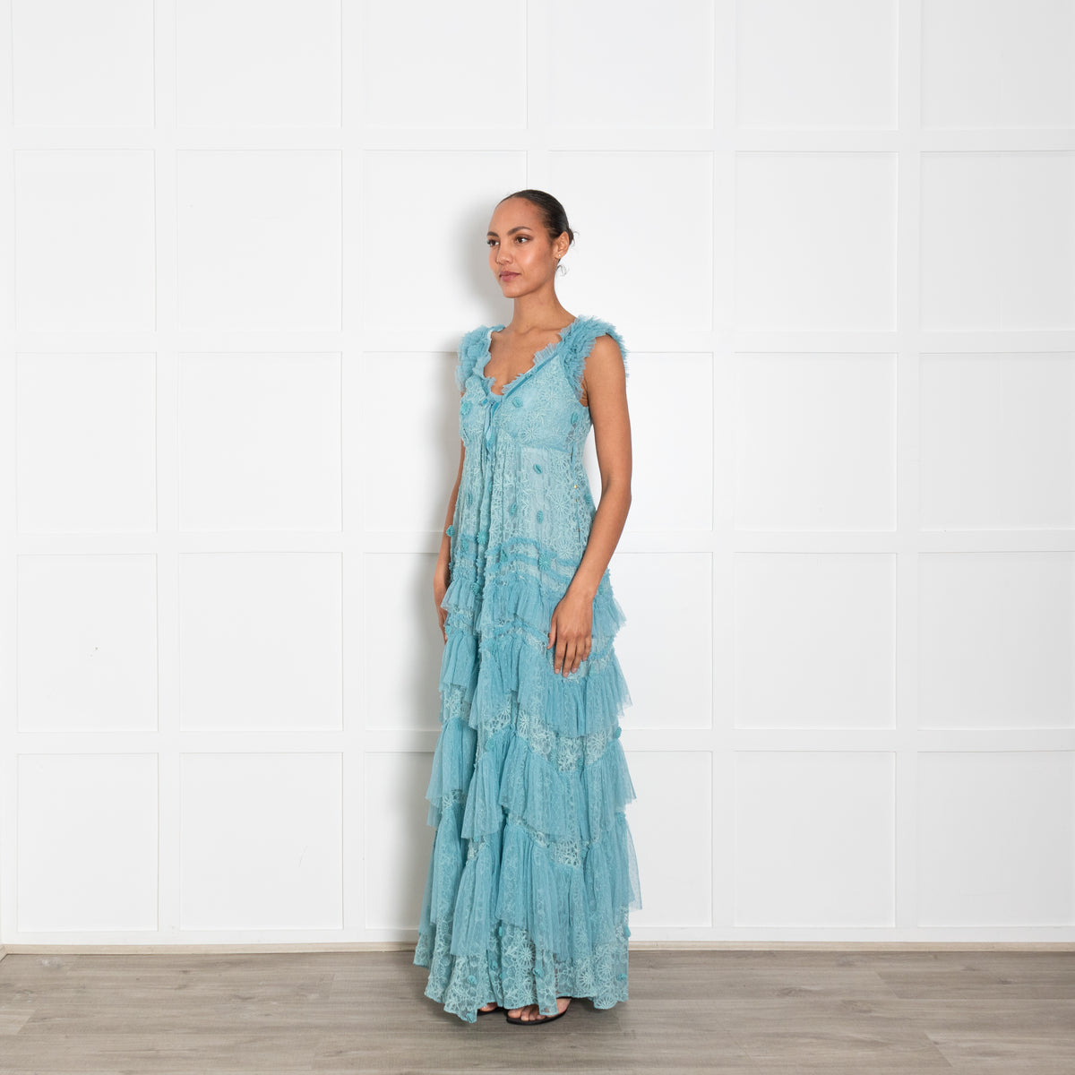 Love Shack Fancy Pale Blue Lace Ruffled Maxi Dress