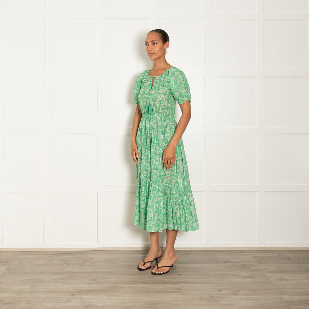 By Iris Green With Gold Stripe Tiered Short Sleeve Midi Dress