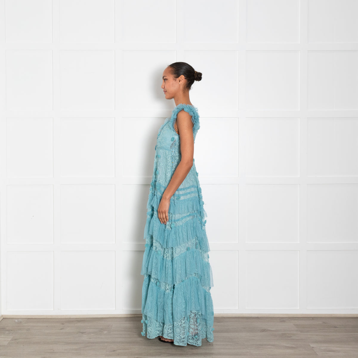 Love Shack Fancy Pale Blue Lace Ruffled Maxi Dress