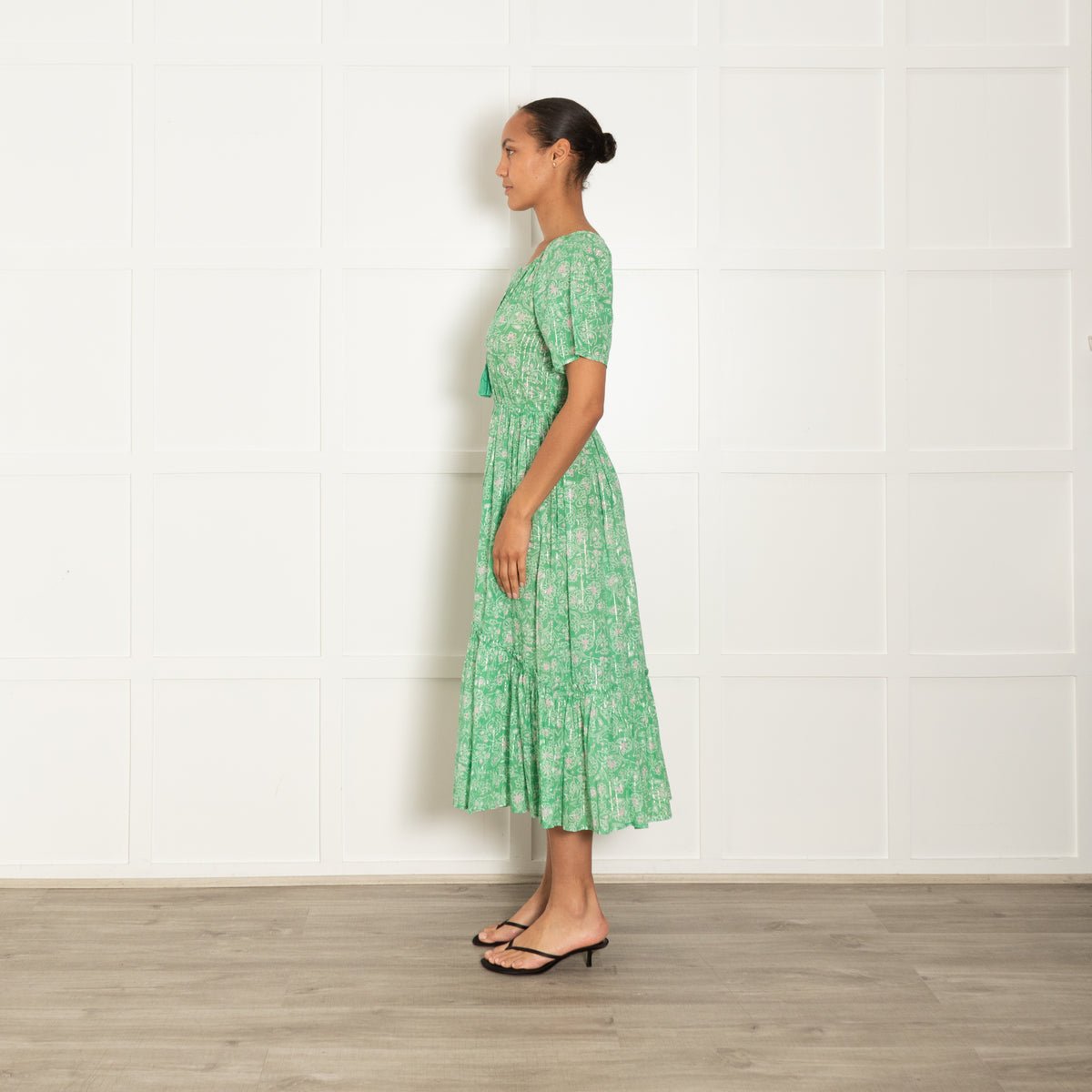 By Iris Green With Gold Stripe Tiered Short Sleeve Midi Dress