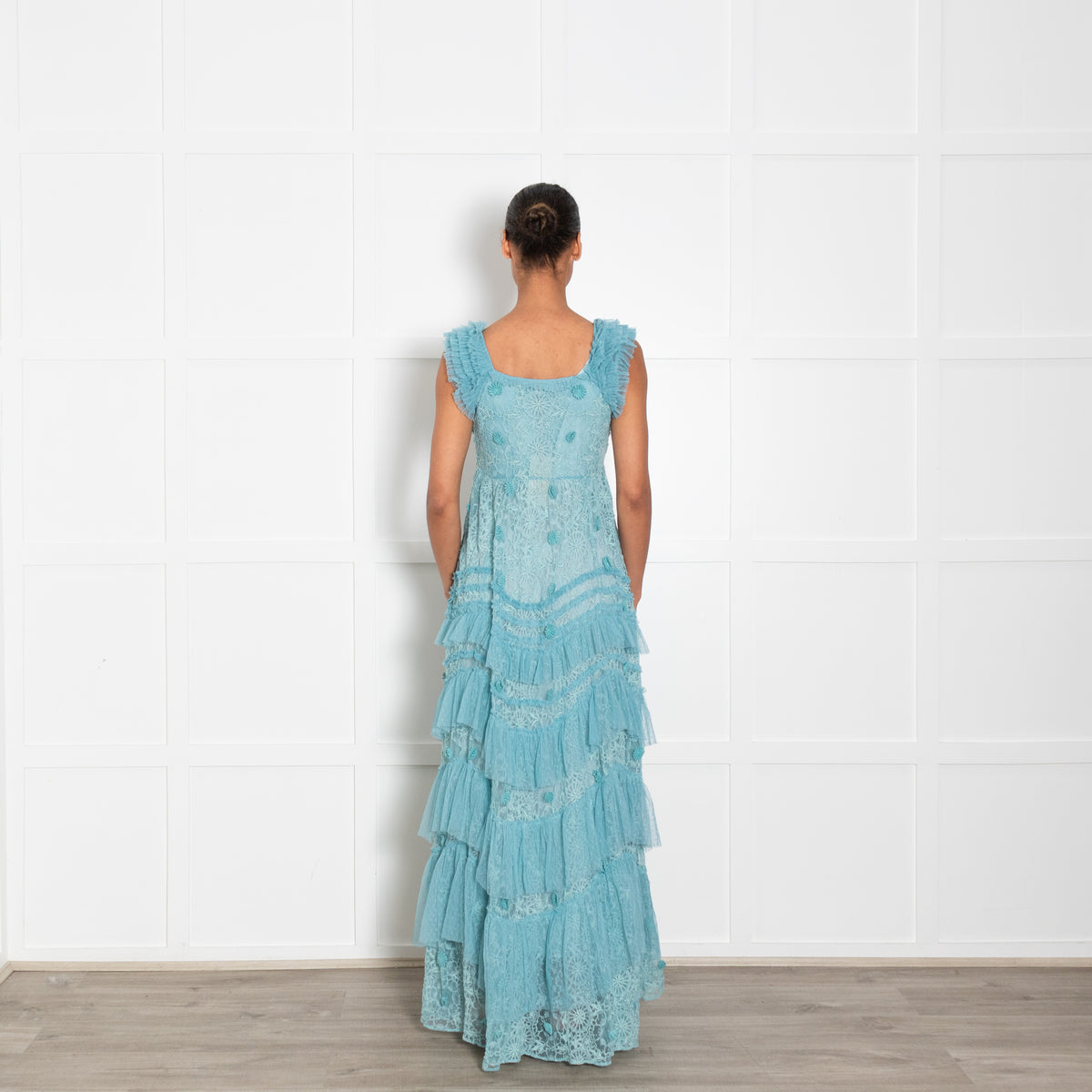 Love Shack Fancy Pale Blue Lace Ruffled Maxi Dress