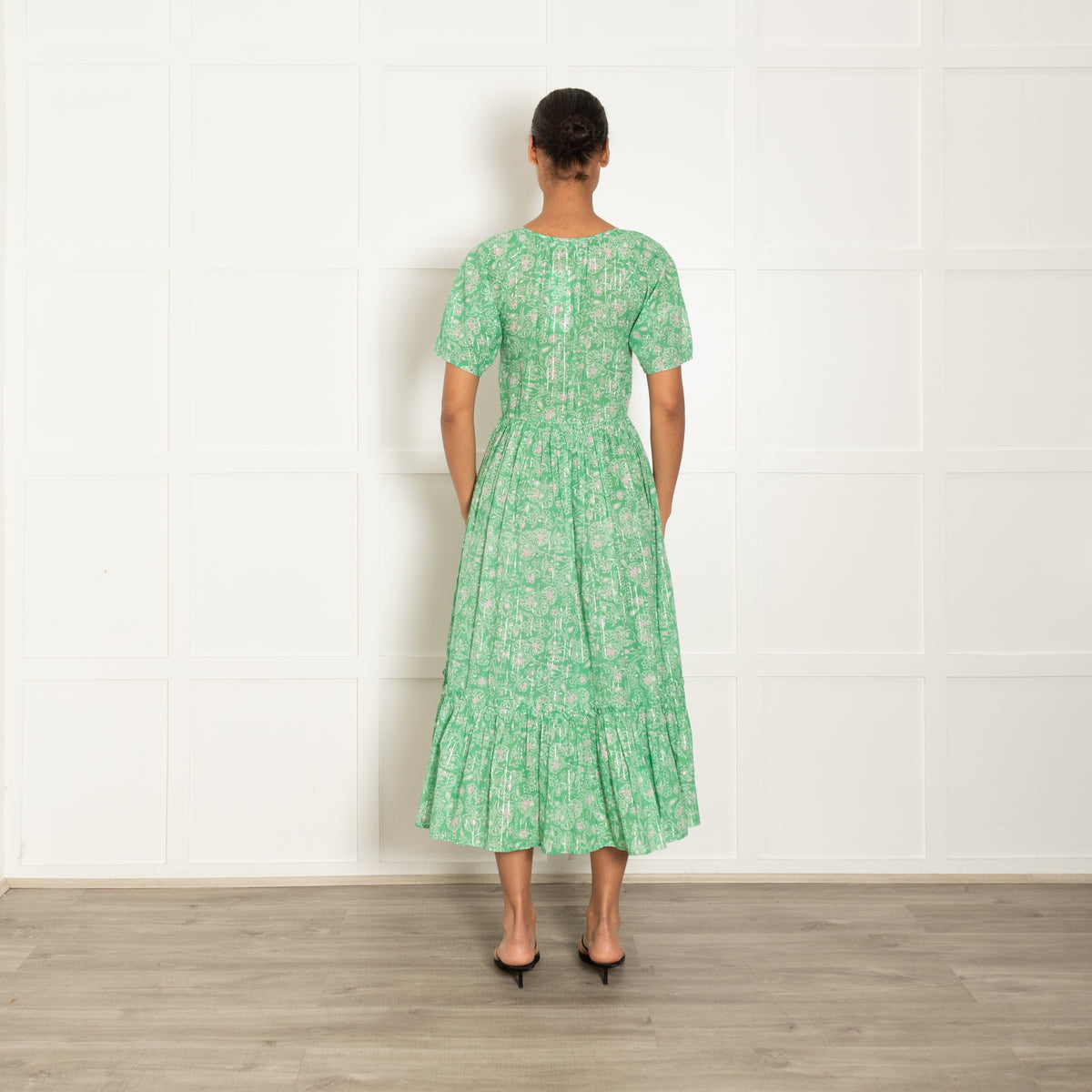 By Iris Green With Gold Stripe Tiered Short Sleeve Midi Dress