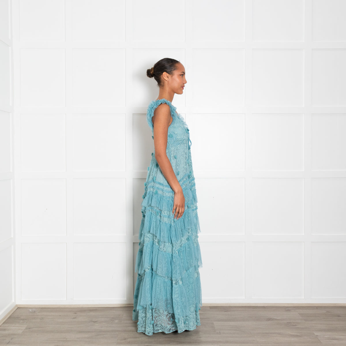 Love Shack Fancy Pale Blue Lace Ruffled Maxi Dress