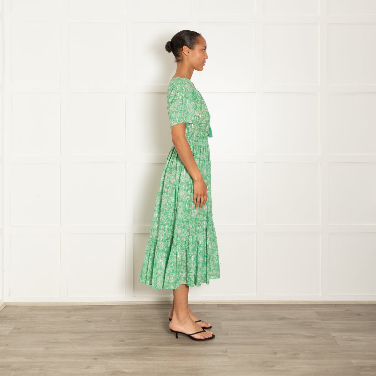 By Iris Green With Gold Stripe Tiered Short Sleeve Midi Dress