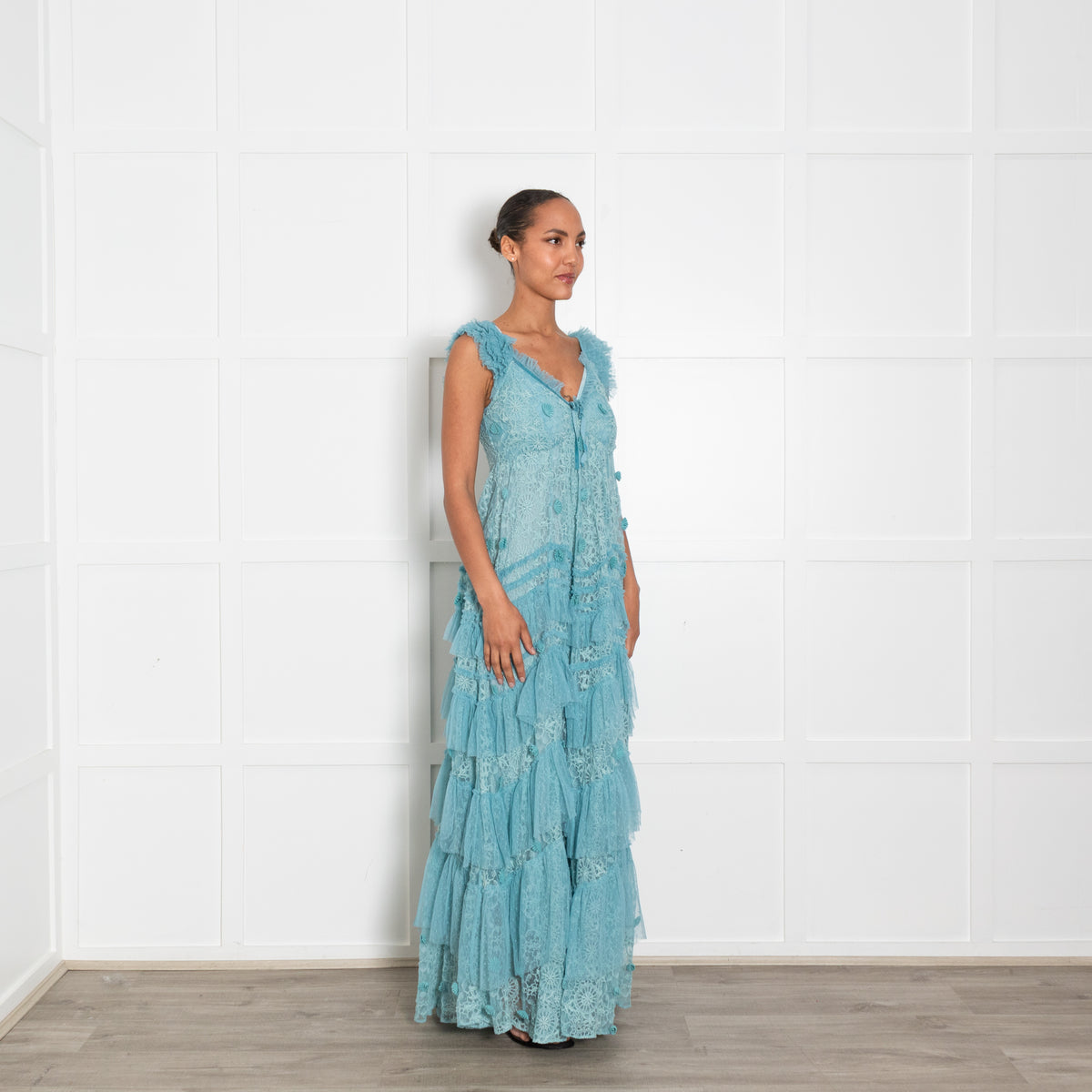 Love Shack Fancy Pale Blue Lace Ruffled Maxi Dress