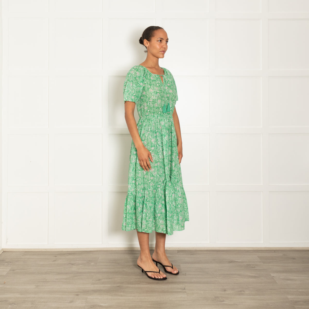 By Iris Green With Gold Stripe Tiered Short Sleeve Midi Dress