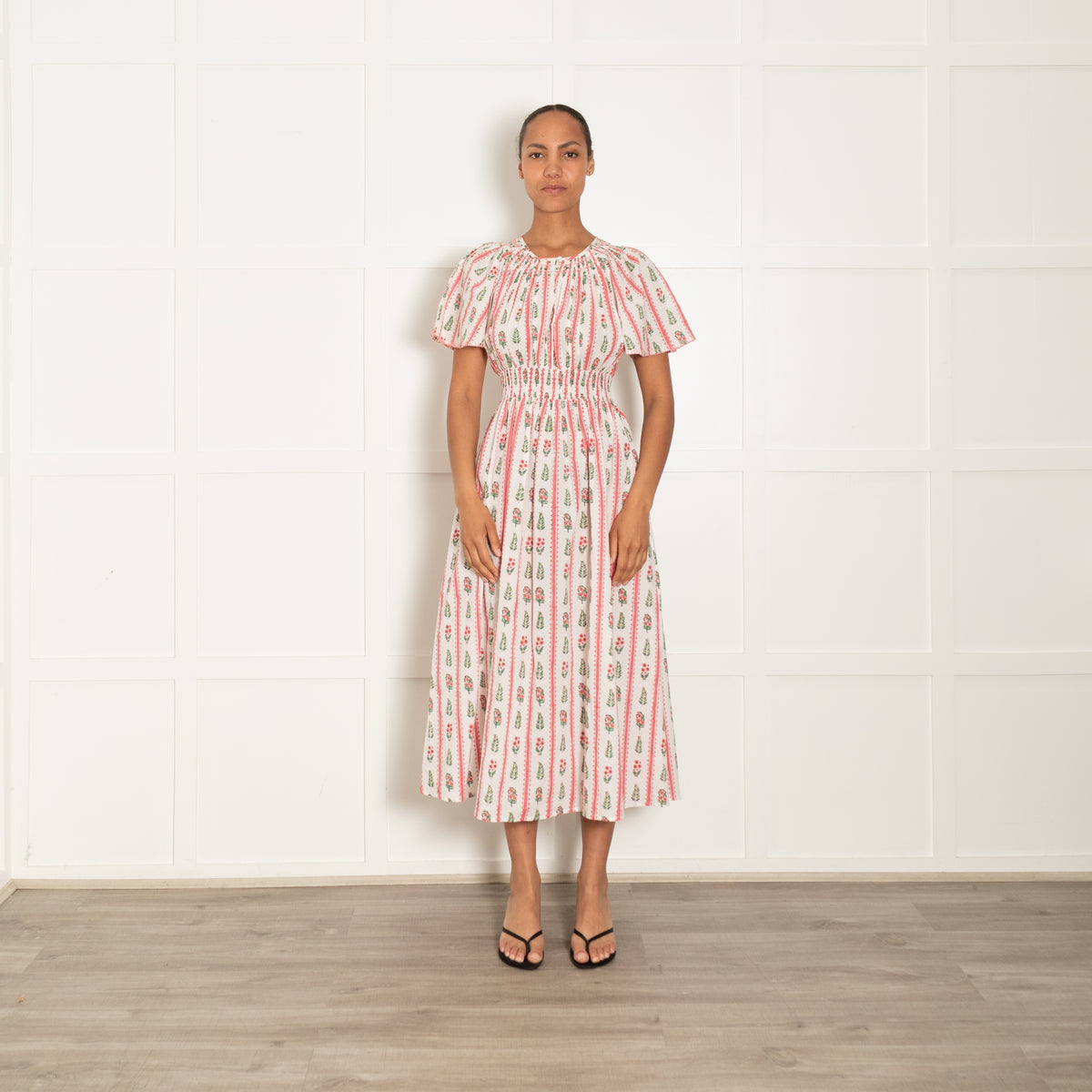Pink City Prints White Pink Green Floral Stripe Cap Sleeve Dress