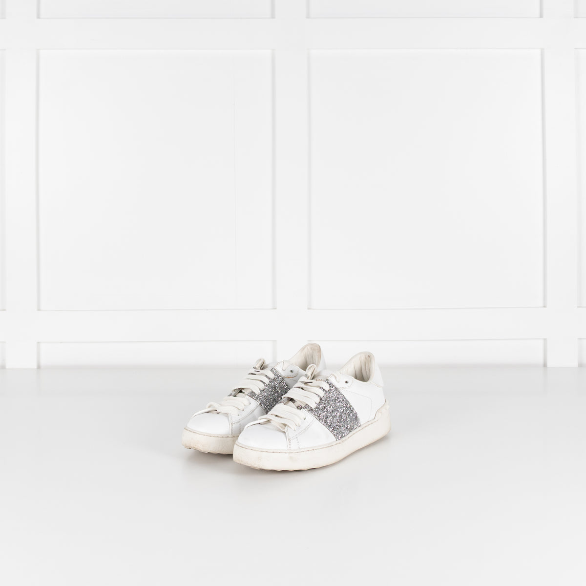 Valentino Garavani White Leather Silver Glitter Trainers