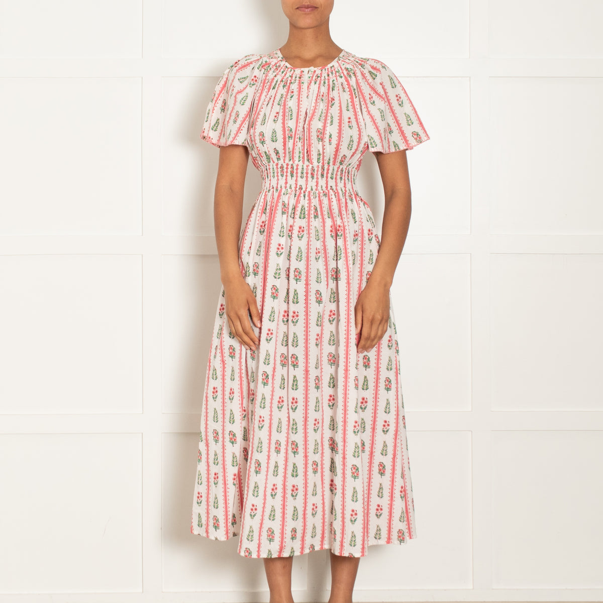 Pink City Prints White Pink Green Floral Stripe Cap Sleeve Dress