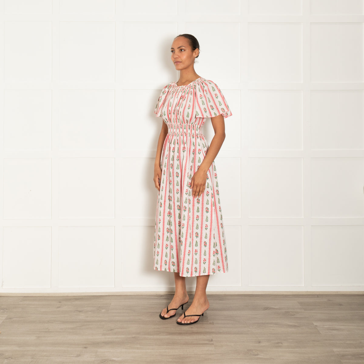 Pink City Prints White Pink Green Floral Stripe Cap Sleeve Dress