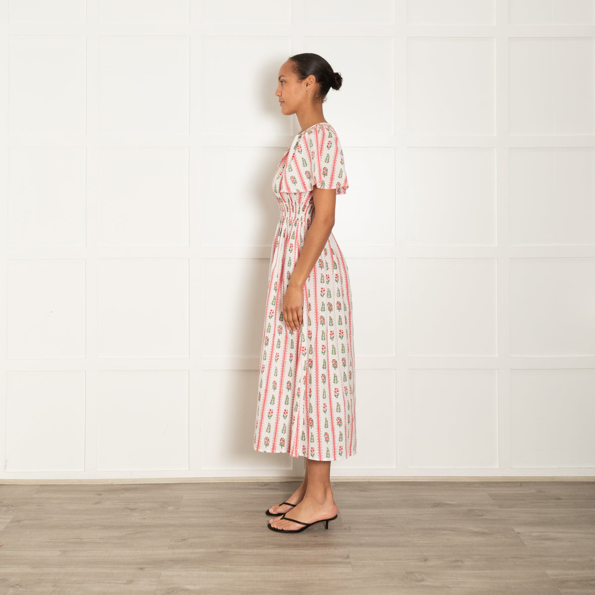 Pink City Prints White Pink Green Floral Stripe Cap Sleeve Dress