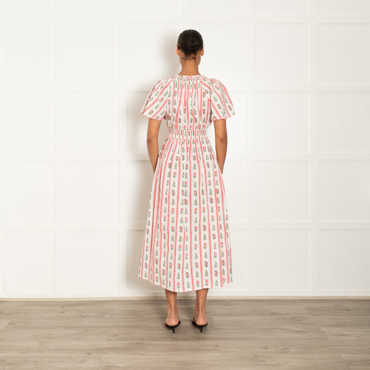 Pink City Prints White Pink Green Floral Stripe Cap Sleeve Dress