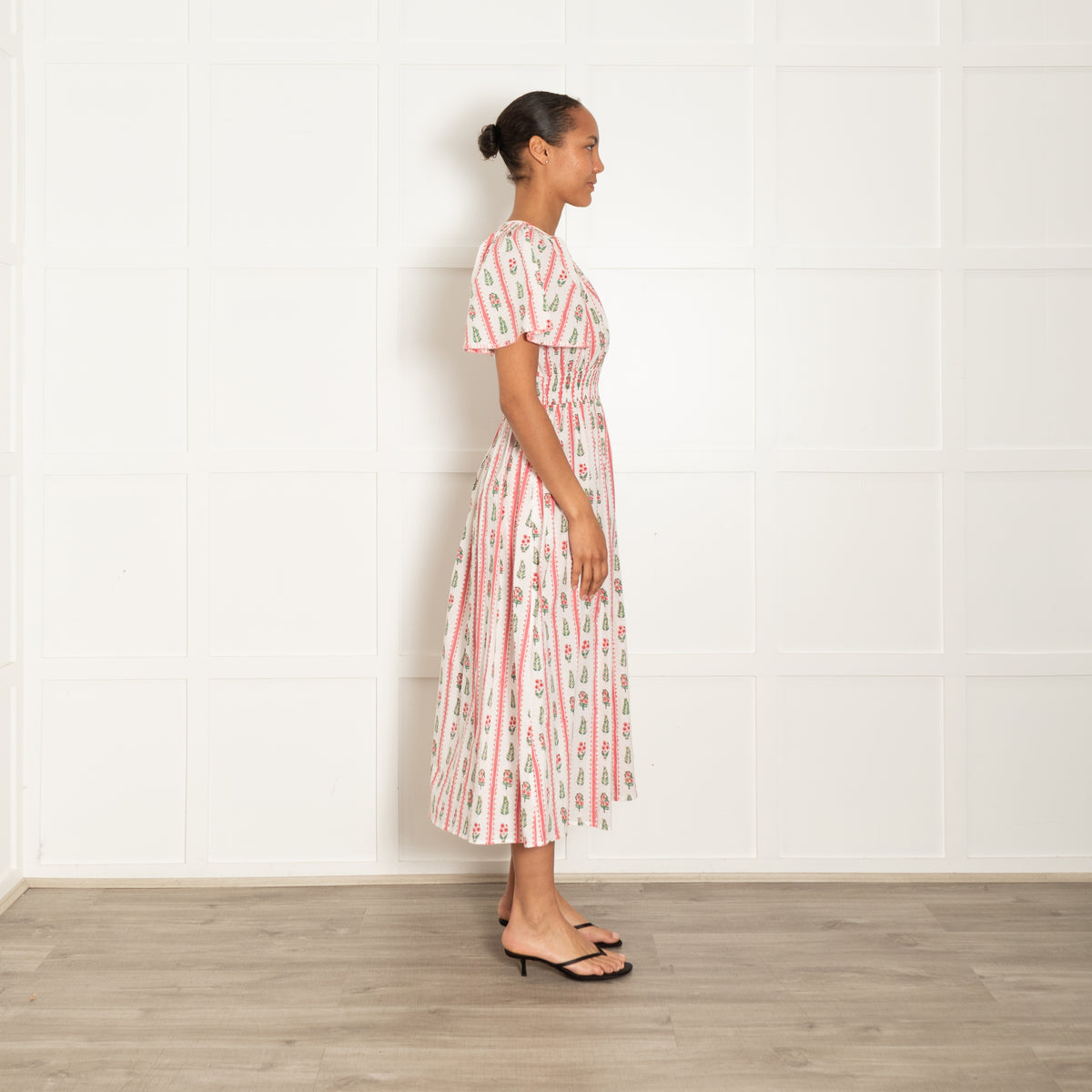 Pink City Prints White Pink Green Floral Stripe Cap Sleeve Dress