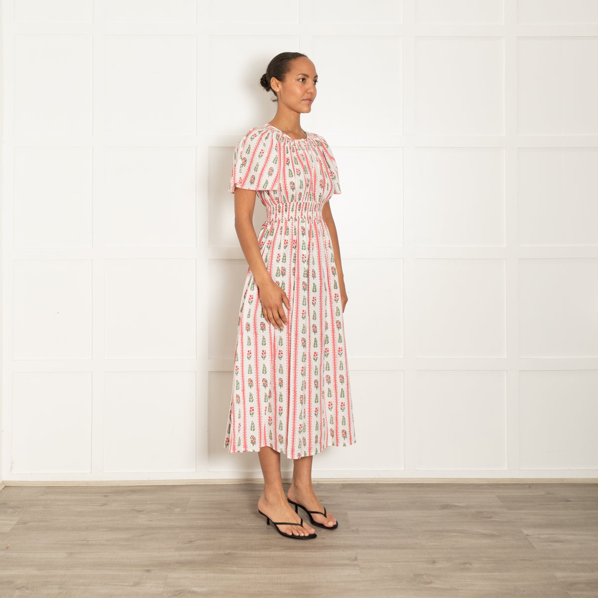 Pink City Prints White Pink Green Floral Stripe Cap Sleeve Dress