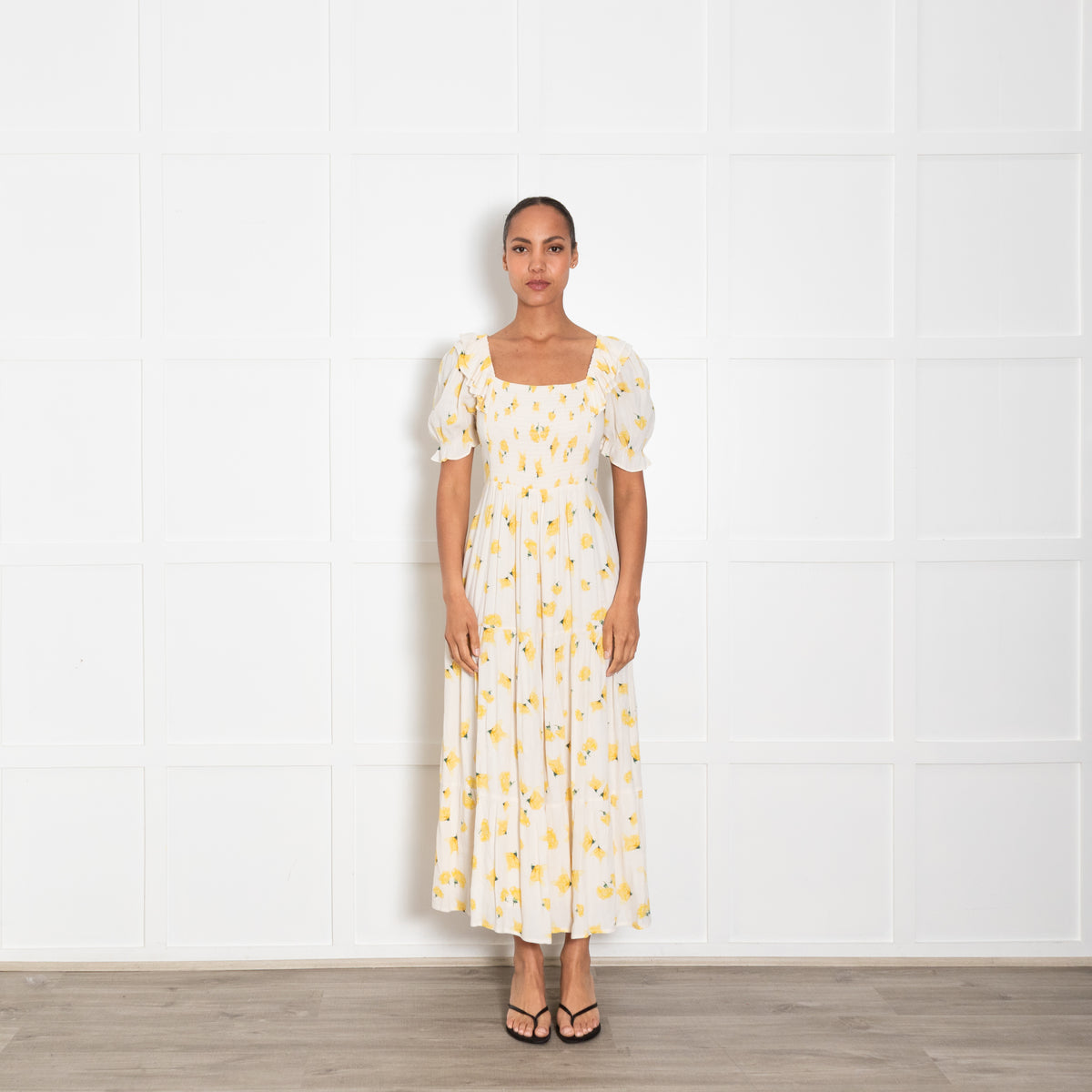 Ba&Sh Cream Yellow Floral Print Shirred Bodice Dress