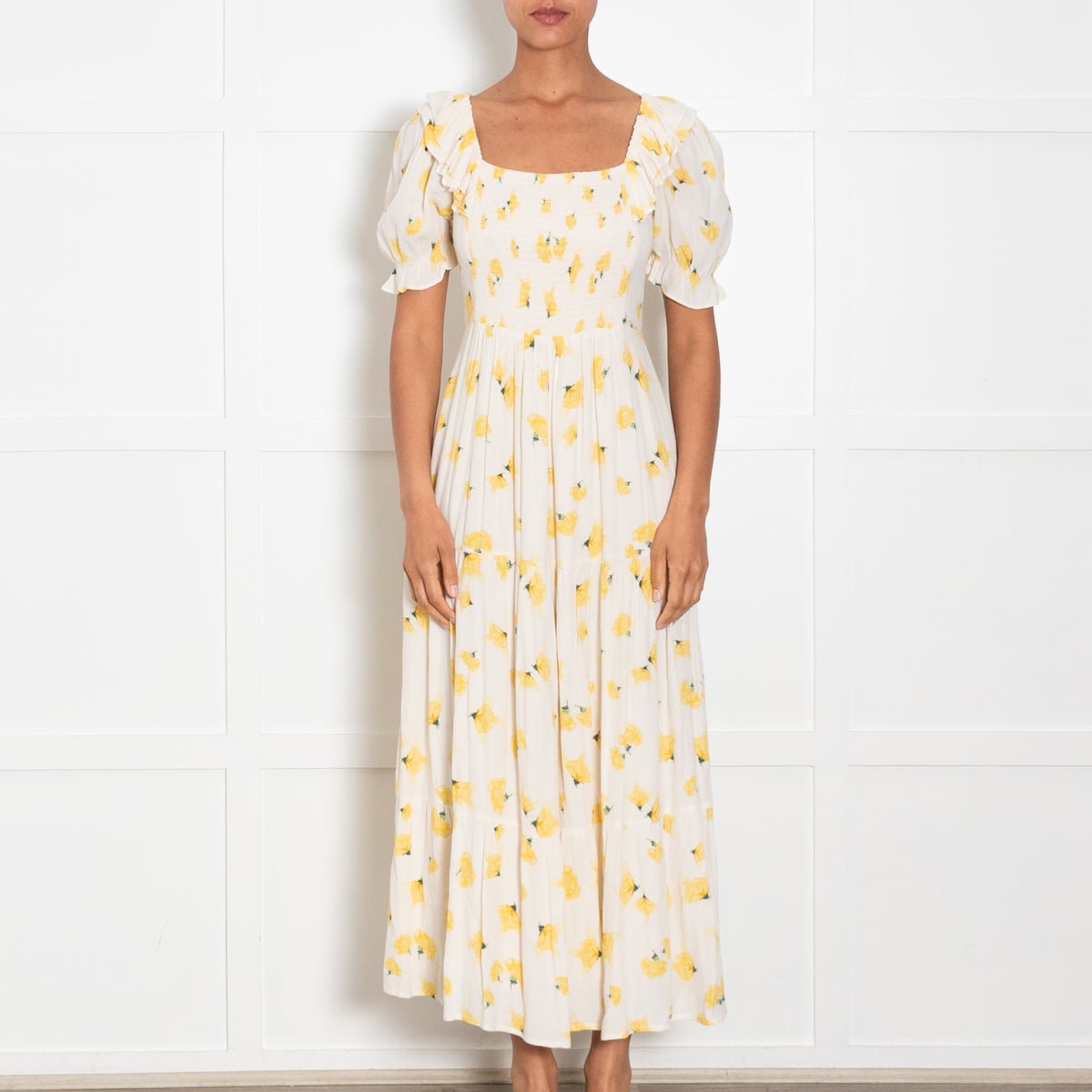 Ba&Sh Cream Yellow Floral Print Shirred Bodice Dress