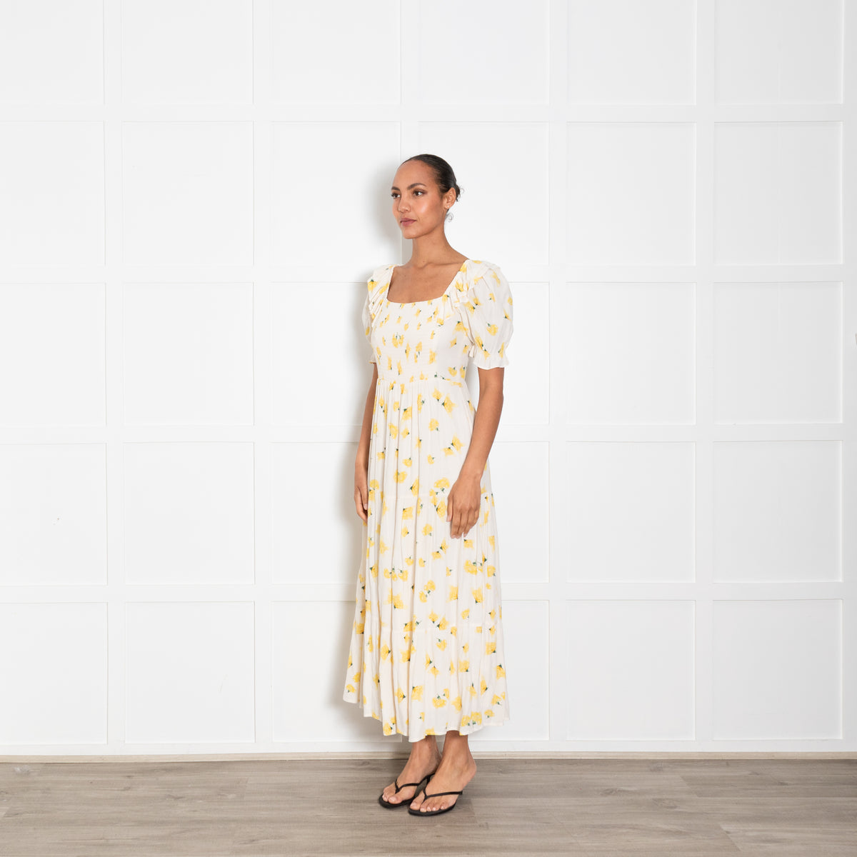 Ba&Sh Cream Yellow Floral Print Shirred Bodice Dress