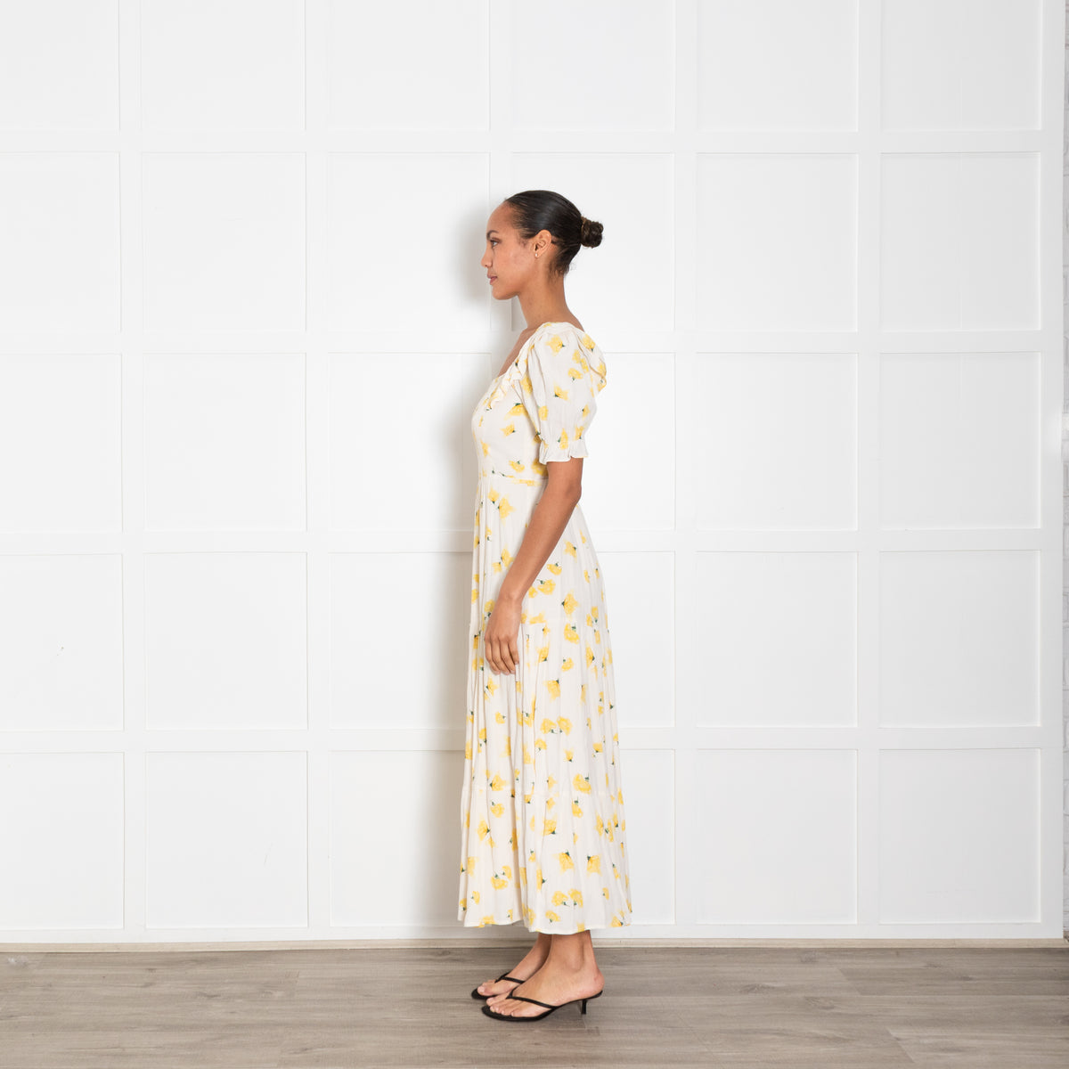 Ba&Sh Cream Yellow Floral Print Shirred Bodice Dress