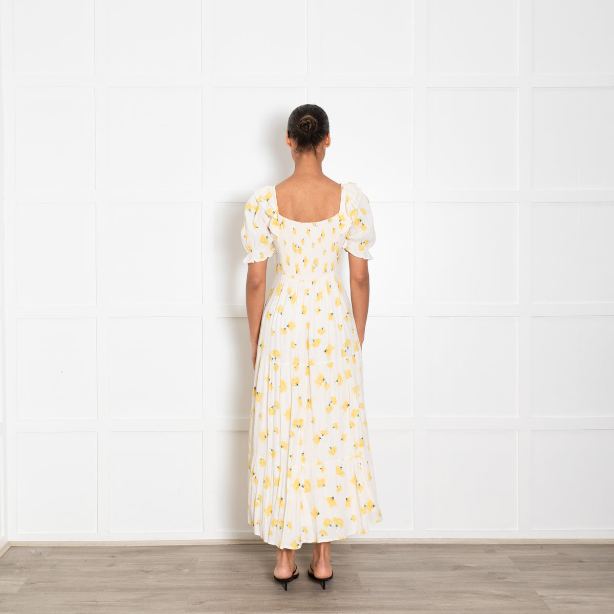 Ba&Sh Cream Yellow Floral Print Shirred Bodice Dress