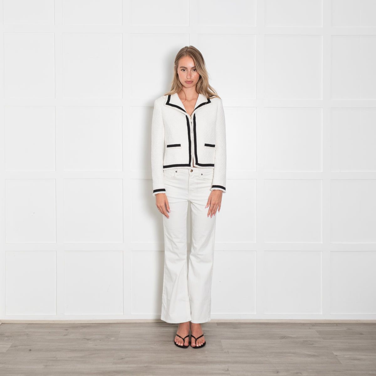 Boutique Moschino White Boucle Jacket With Black Edging