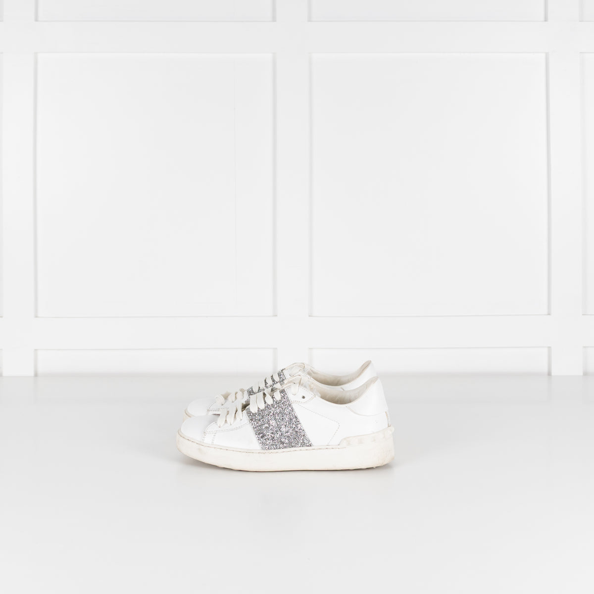 Valentino Garavani White Leather Silver Glitter Trainers