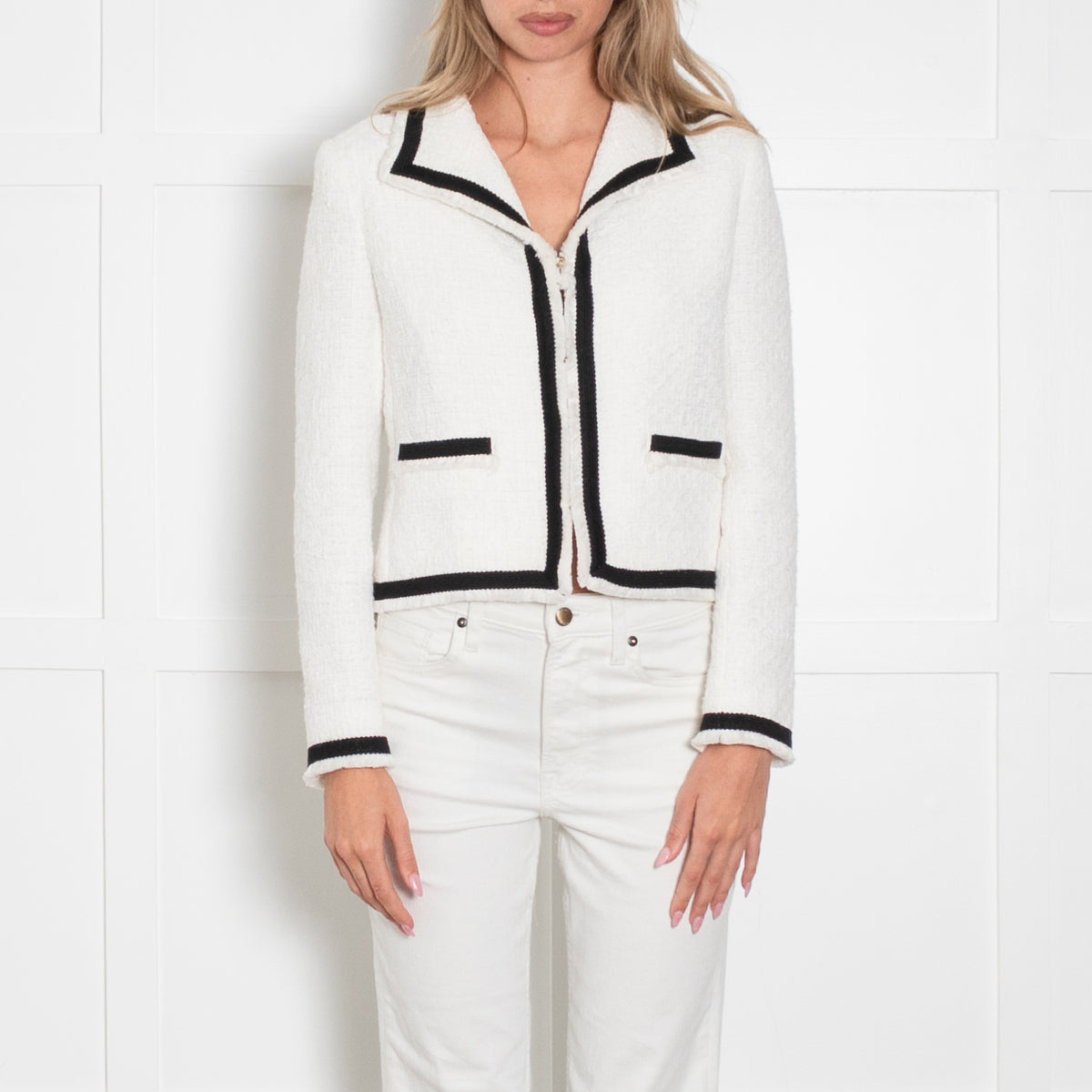 Boutique Moschino White Boucle Jacket With Black Edging