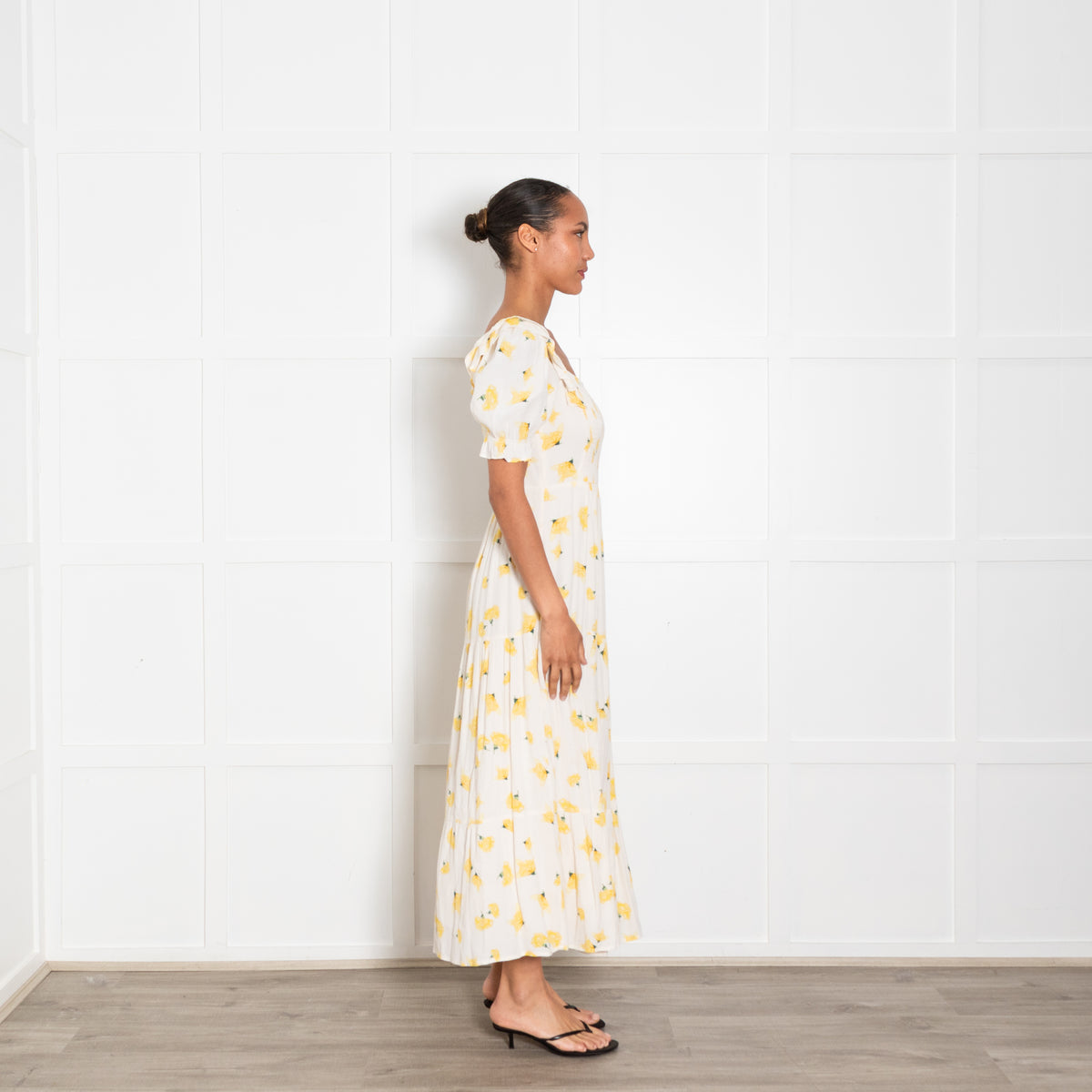 Ba&Sh Cream Yellow Floral Print Shirred Bodice Dress