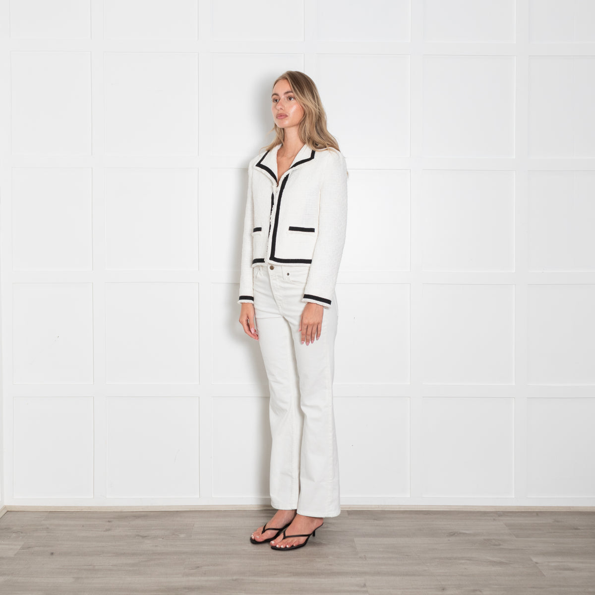 Boutique Moschino White Boucle Jacket With Black Edging