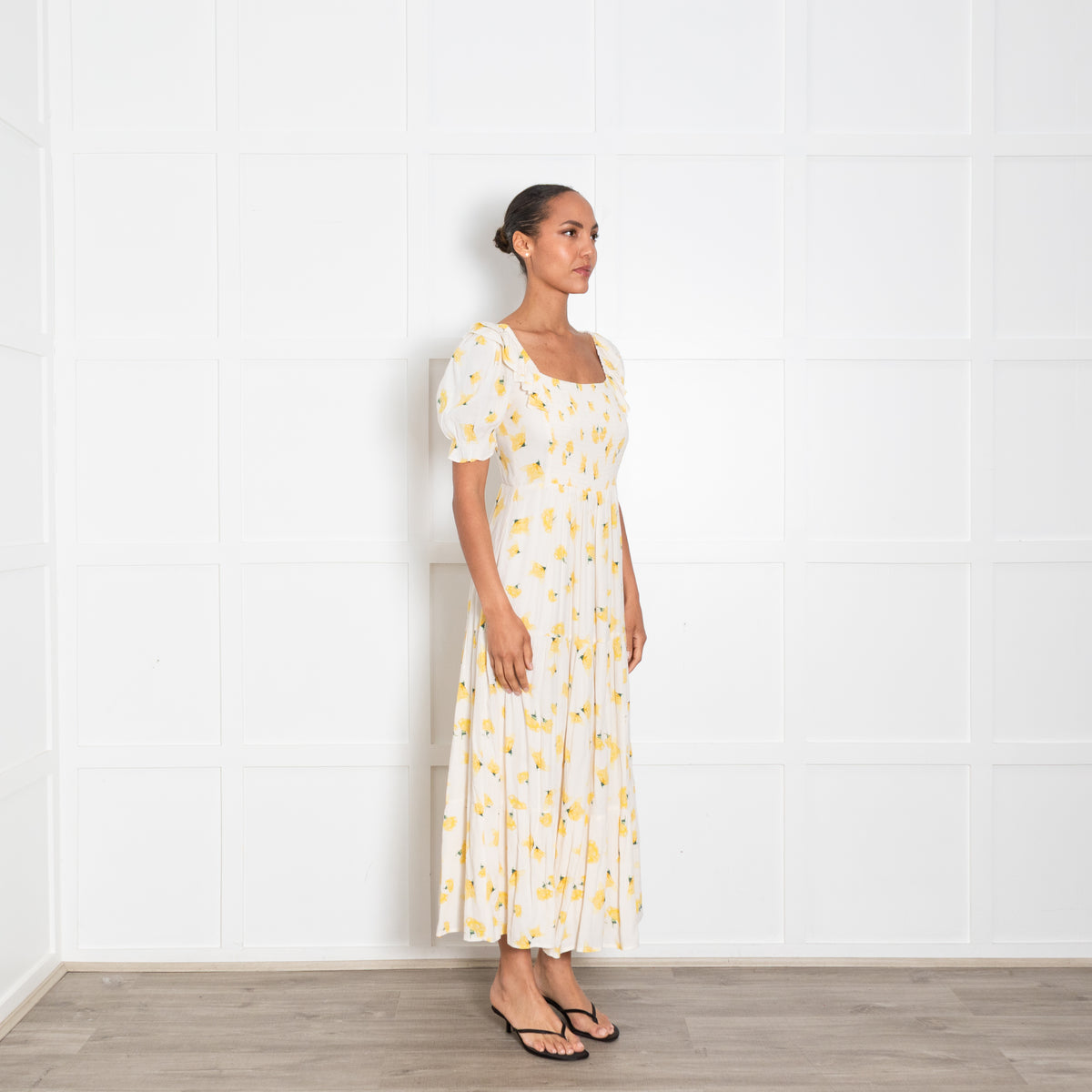 Ba&Sh Cream Yellow Floral Print Shirred Bodice Dress