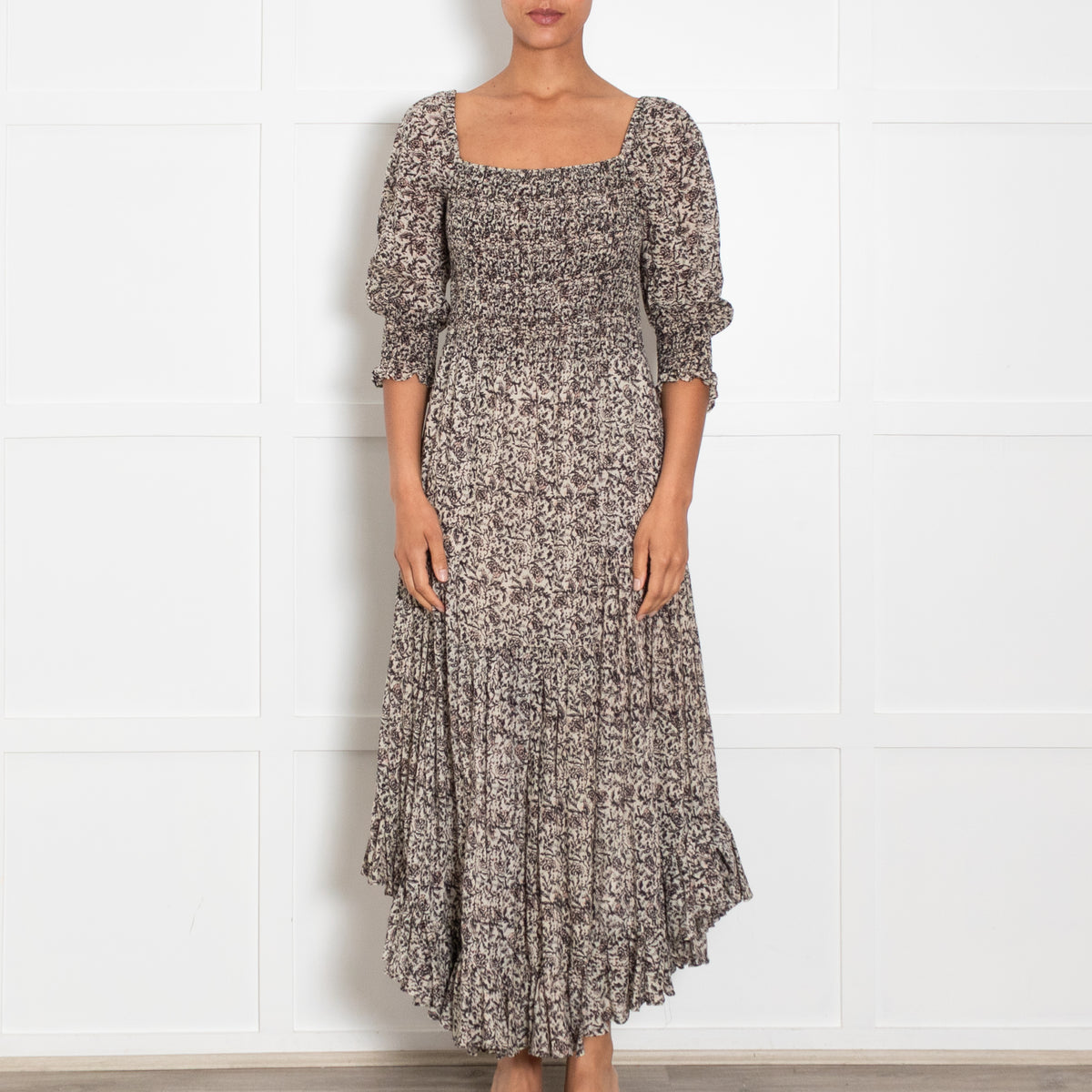 Masscob Beige Black Floral Print Shirred Bodice Dress UK 8